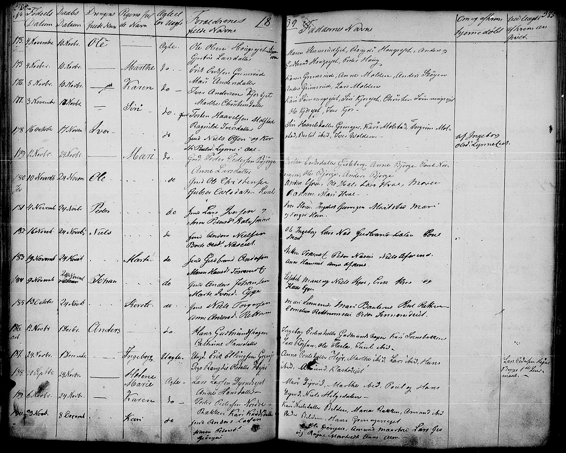 Gran prestekontor, SAH/PREST-112/H/Ha/Haa/L0010: Parish register (official) no. 10, 1824-1842, p. 384-385