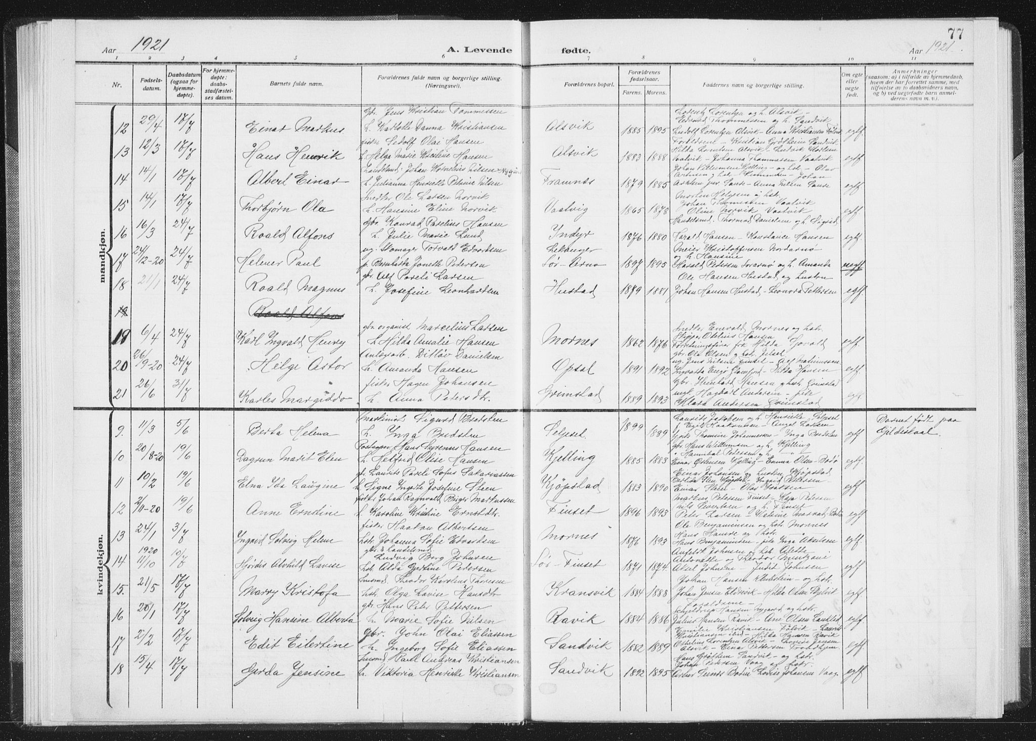 Ministerialprotokoller, klokkerbøker og fødselsregistre - Nordland, AV/SAT-A-1459/805/L0104: Parish register (official) no. 805A09, 1909-1926, p. 77