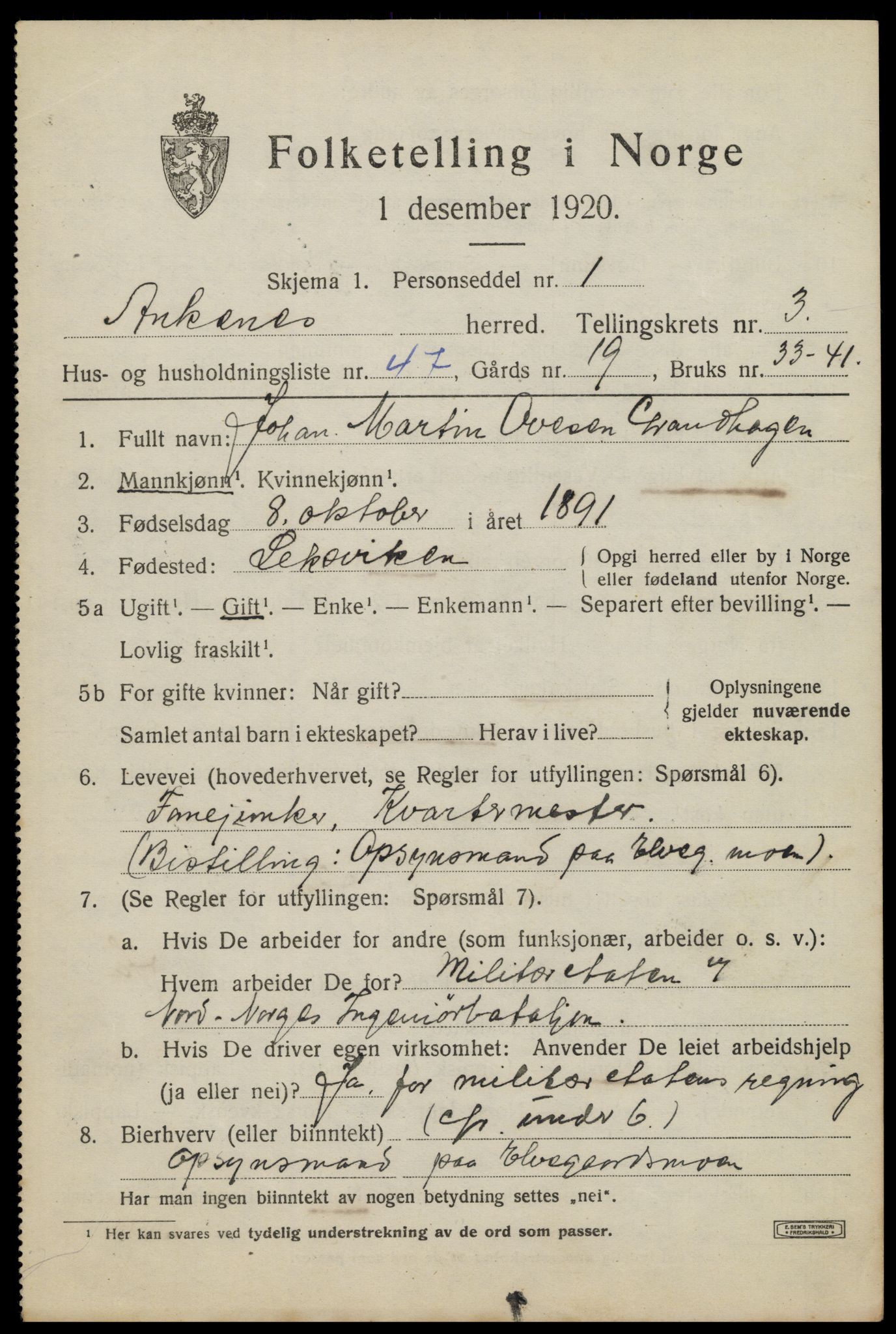 SAT, 1920 census for Ankenes, 1920, p. 2287