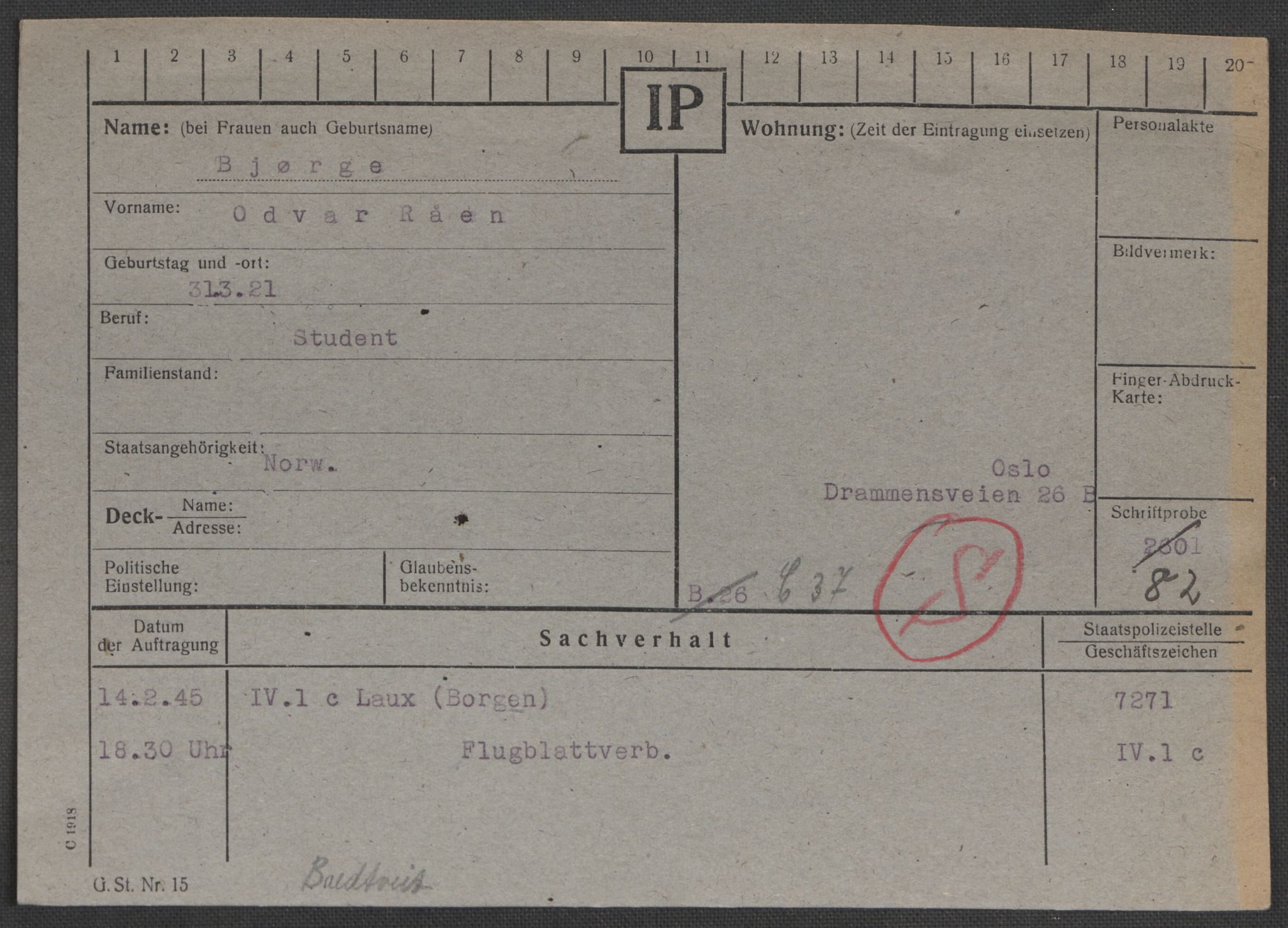 Befehlshaber der Sicherheitspolizei und des SD, RA/RAFA-5969/E/Ea/Eaa/L0001: Register over norske fanger i Møllergata 19: A-Bj, 1940-1945, p. 1283