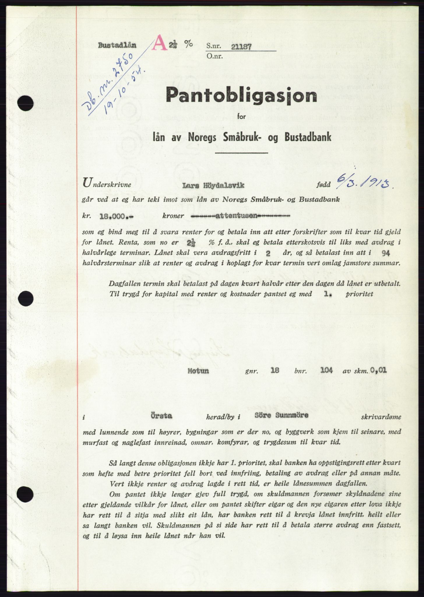 Søre Sunnmøre sorenskriveri, AV/SAT-A-4122/1/2/2C/L0126: Mortgage book no. 14B, 1954-1955, Diary no: : 2750/1954