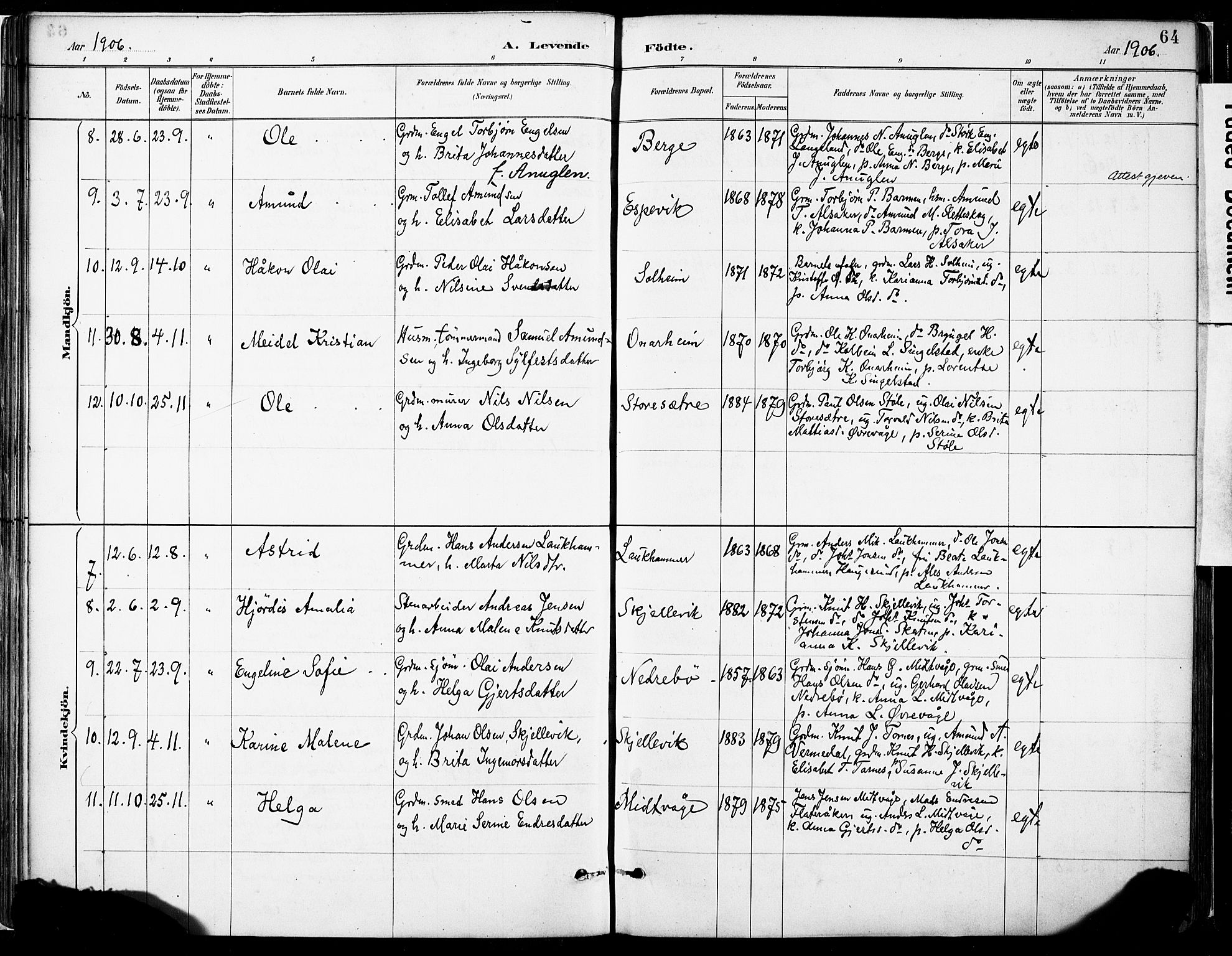 Tysnes sokneprestembete, SAB/A-78601/H/Haa: Parish register (official) no. C 1, 1887-1912, p. 64