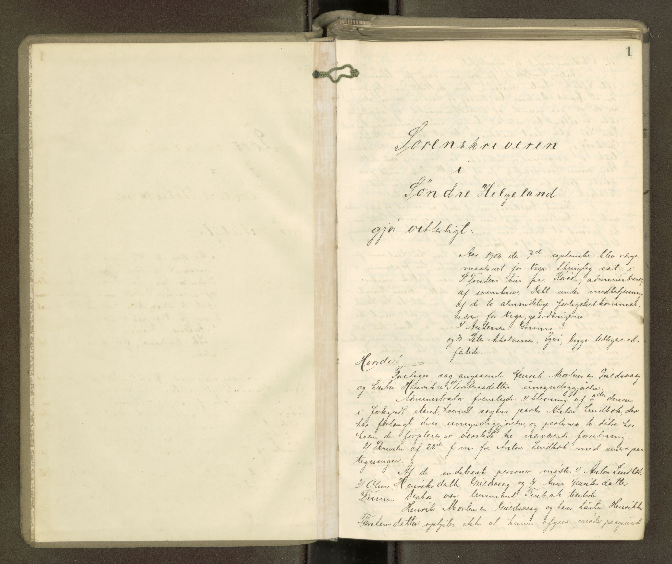 Søndre Helgeland sorenskriveri, AV/SAT-A-4575/1/1/1B/1Bb/L0004: Ekstrarettsprotokoll, 1906-1910, p. 1