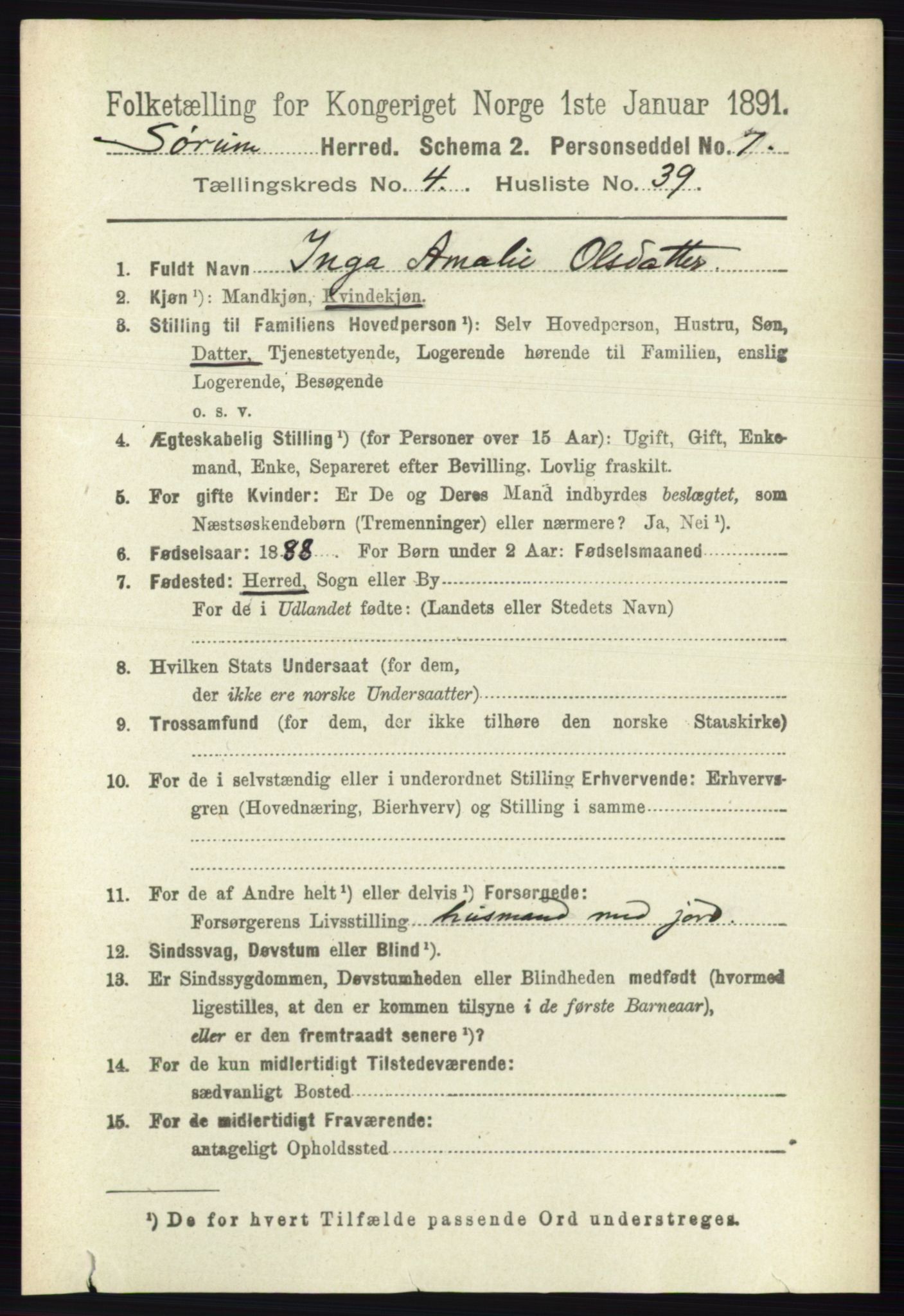 RA, 1891 census for 0226 Sørum, 1891, p. 2109