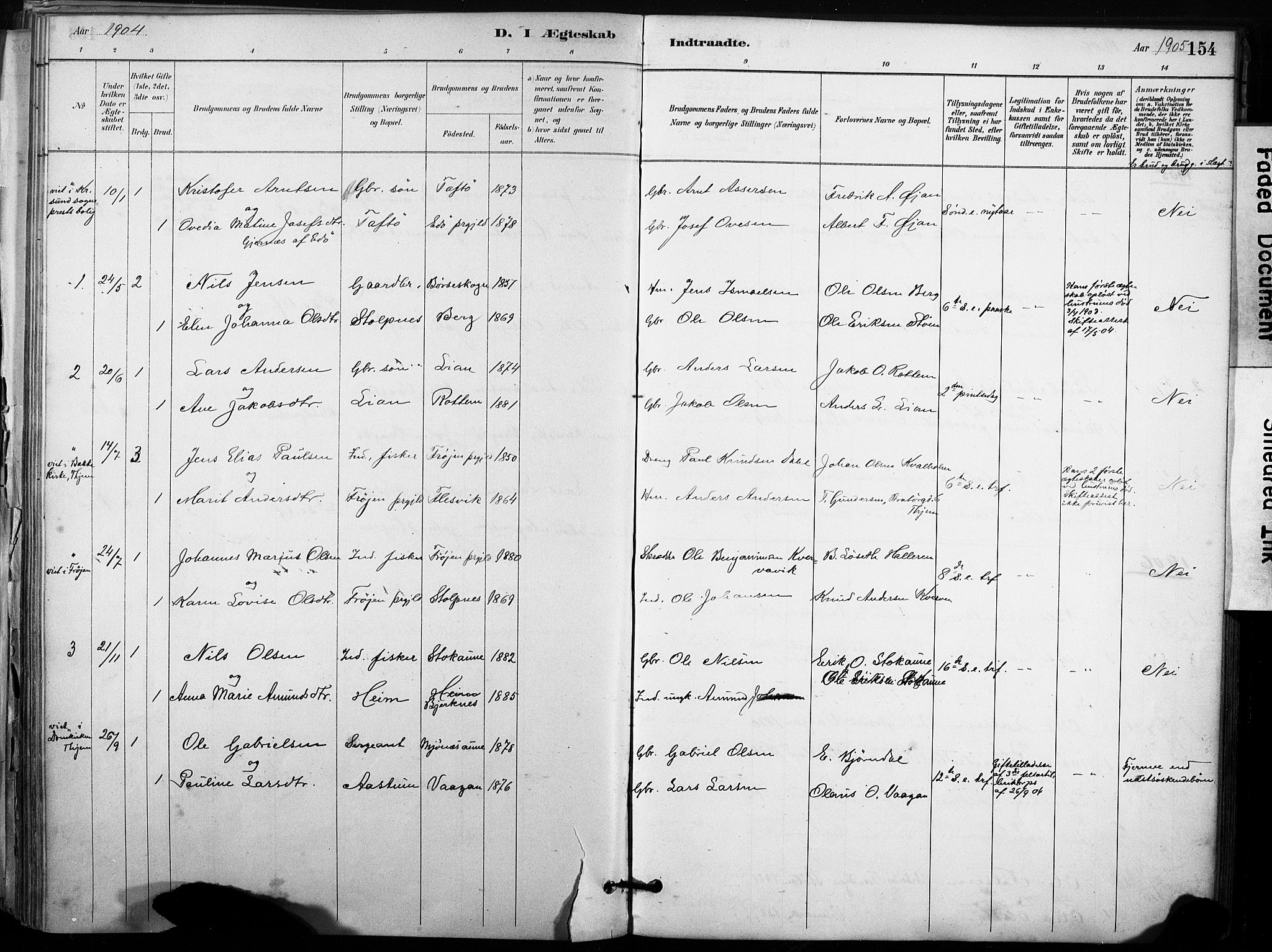 Ministerialprotokoller, klokkerbøker og fødselsregistre - Sør-Trøndelag, SAT/A-1456/633/L0518: Parish register (official) no. 633A01, 1884-1906, p. 154