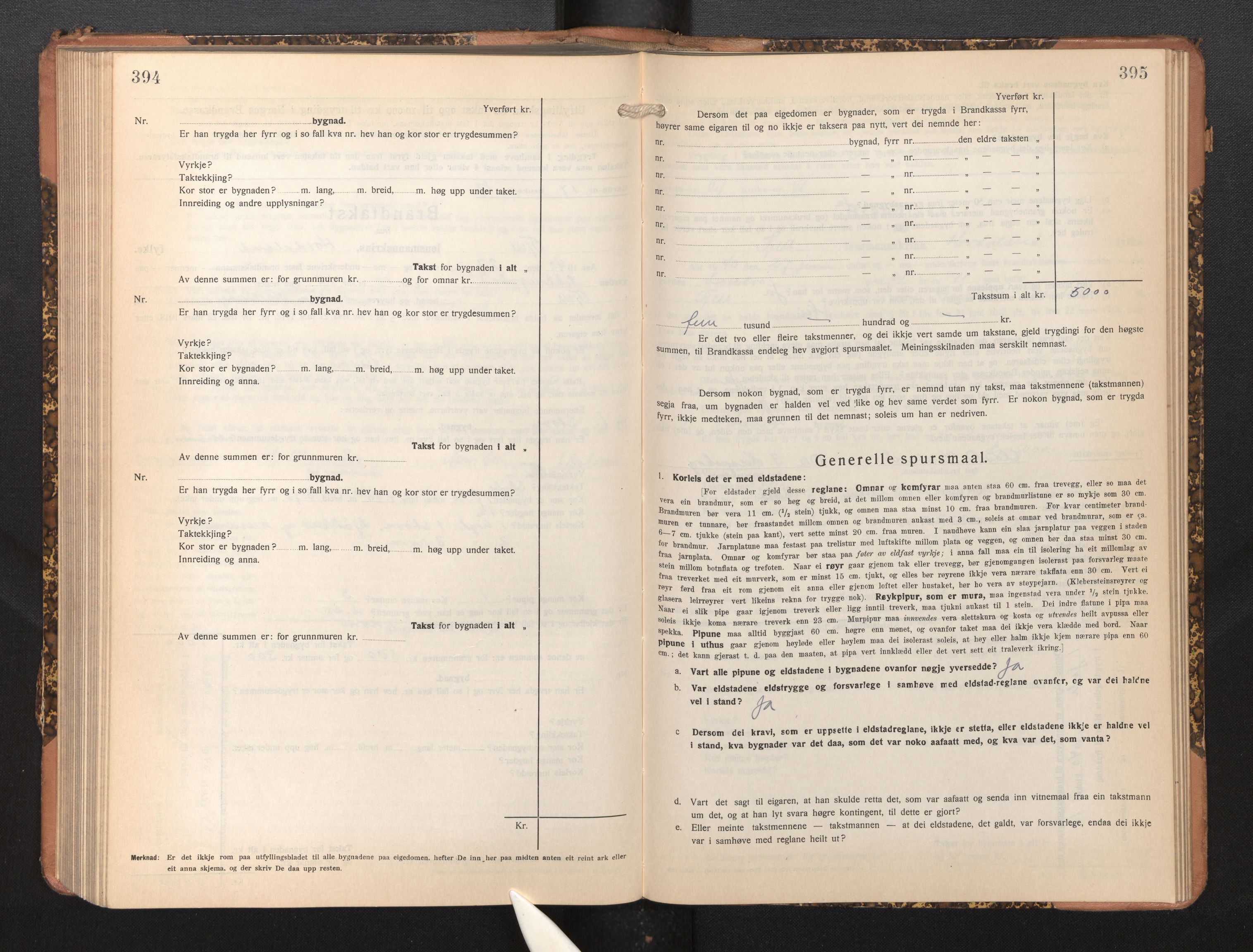 Lensmannen i Fjell, AV/SAB-A-32301/0012/L0006: Branntakstprotokoll, skjematakst, 1931-1945, p. 394-395