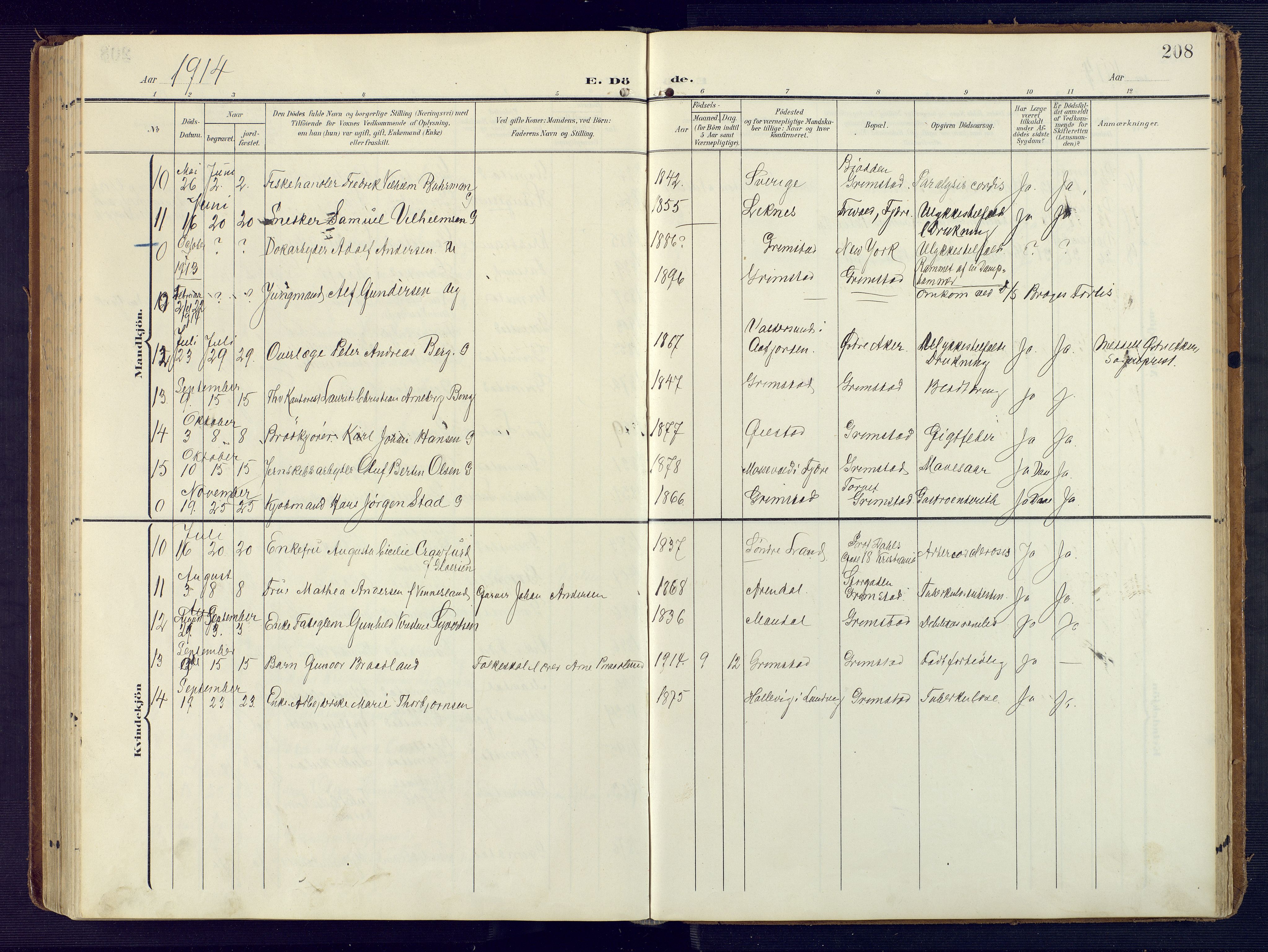 Grimstad sokneprestkontor, SAK/1111-0017/F/Fa/L0005: Parish register (official) no. A 4, 1911-1924, p. 208