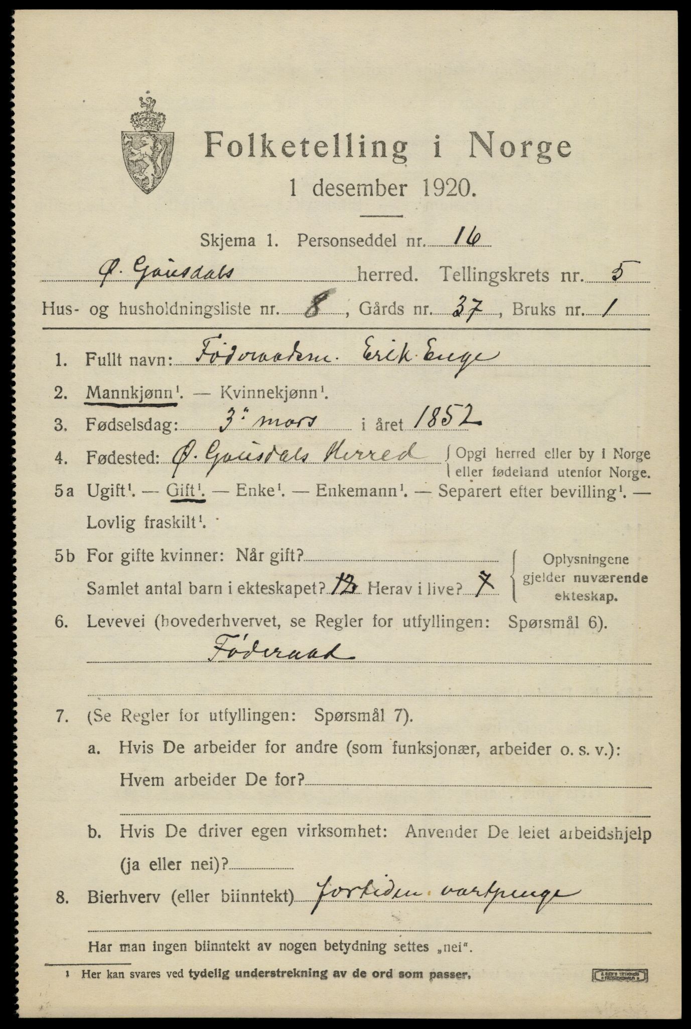 SAH, 1920 census for Østre Gausdal, 1920, p. 2816