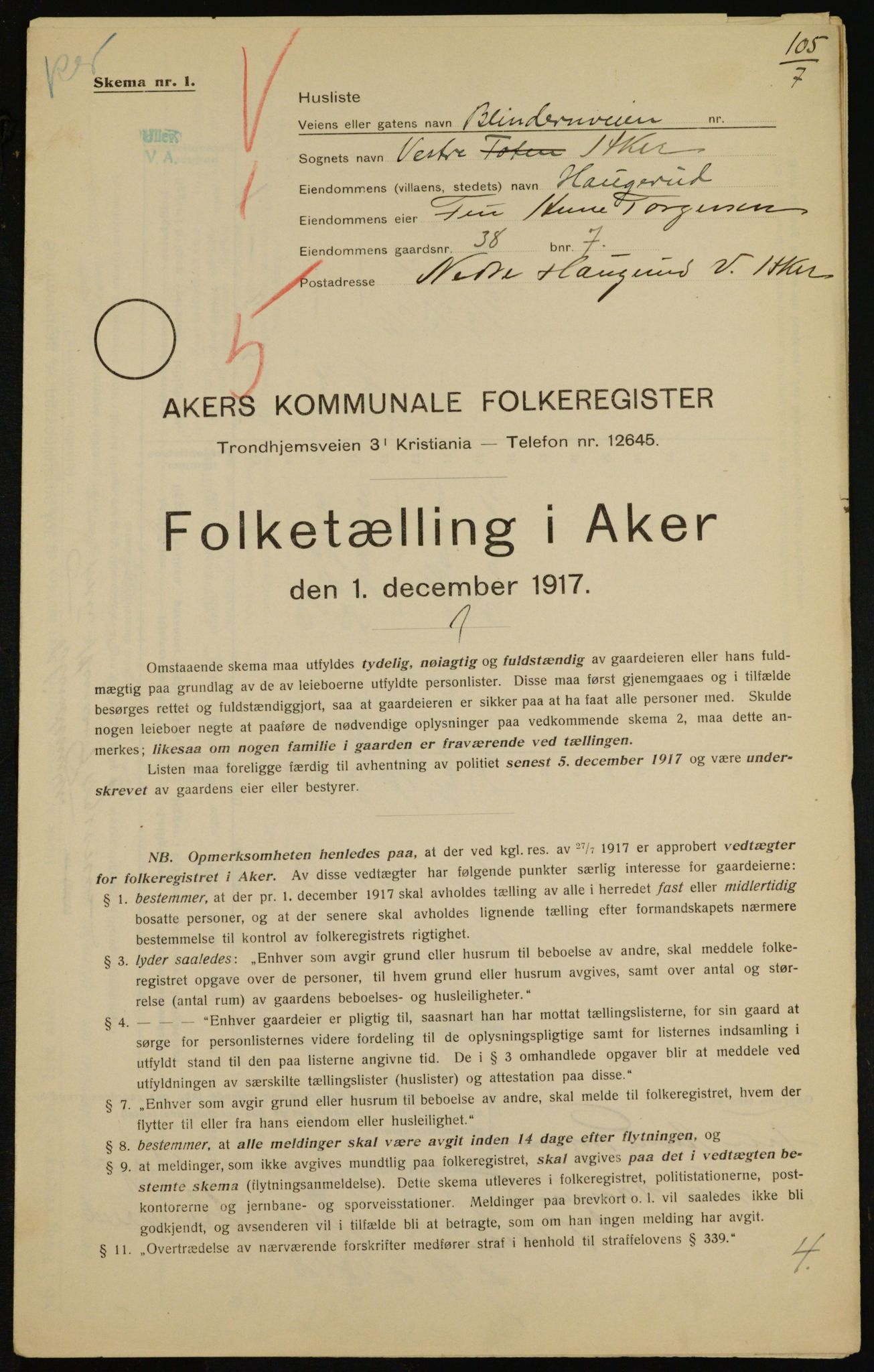 OBA, Municipal Census 1917 for Aker, 1917, p. 10443