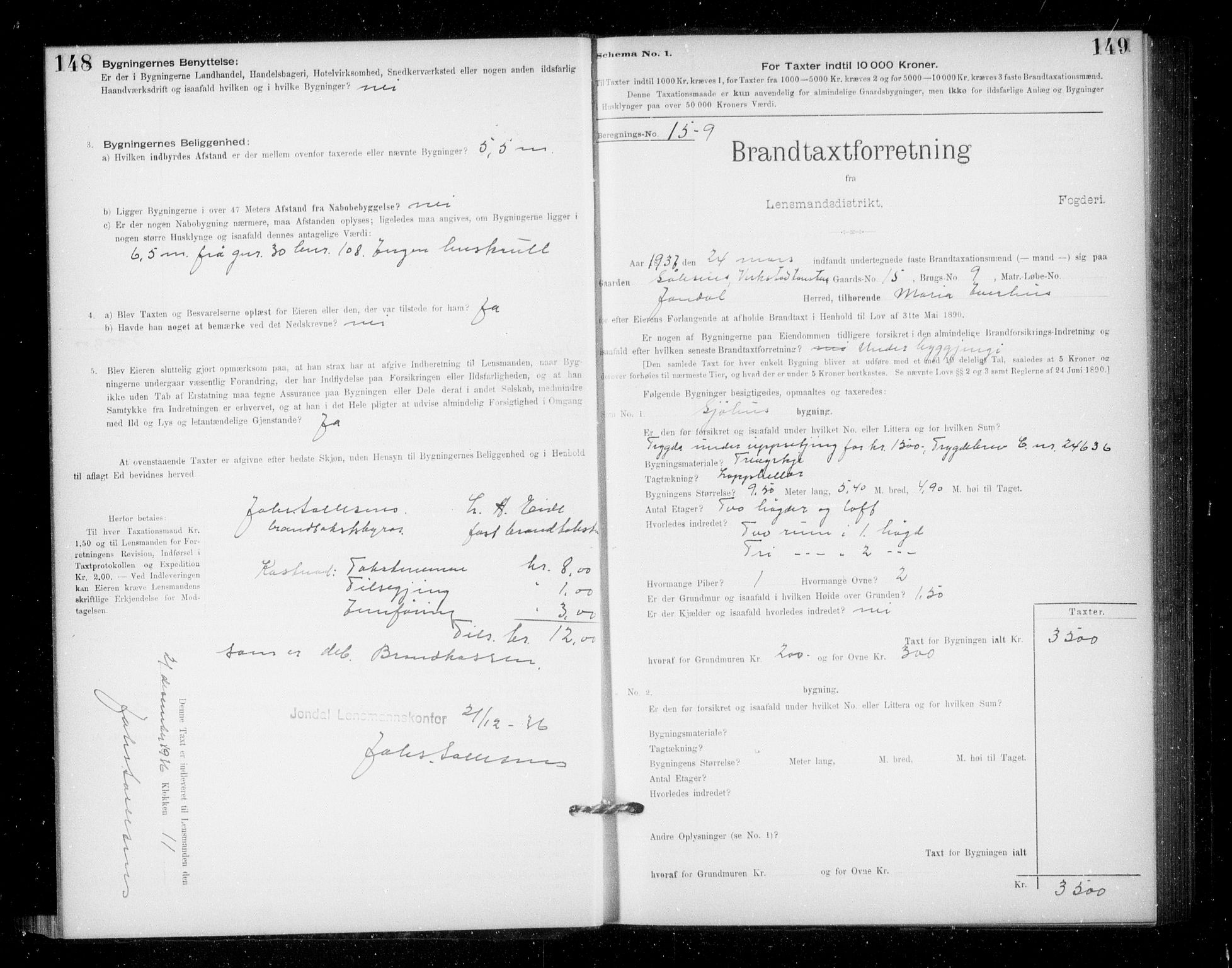 Lensmannen i Jondal, SAB/A-33101/0012/L0005: Branntakstprotokoll, skjematakst, 1894-1951, p. 148-149