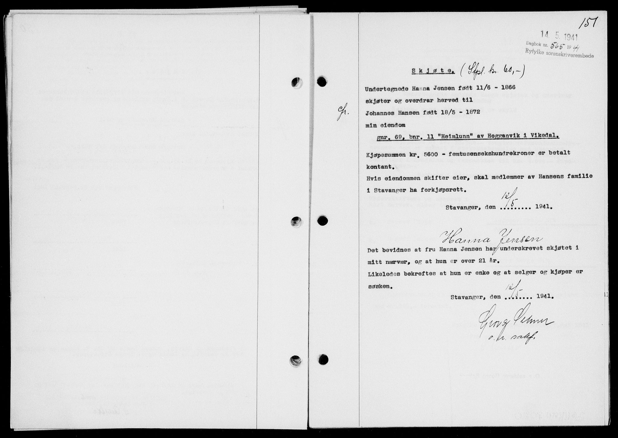 Ryfylke tingrett, SAST/A-100055/001/II/IIB/L0085: Mortgage book no. 64, 1941-1941, Diary no: : 565/1941
