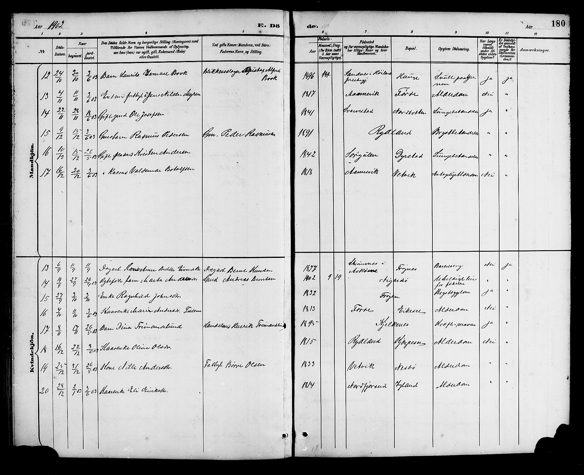 Bremanger sokneprestembete, AV/SAB-A-82201/H/Hab/Haba/L0003: Parish register (copy) no. A 3, 1890-1908, p. 180