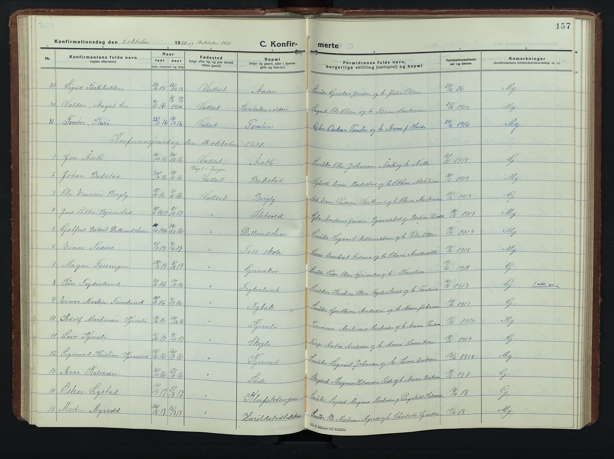 Romedal prestekontor, SAH/PREST-004/L/L0015: Parish register (copy) no. 15, 1923-1949, p. 157