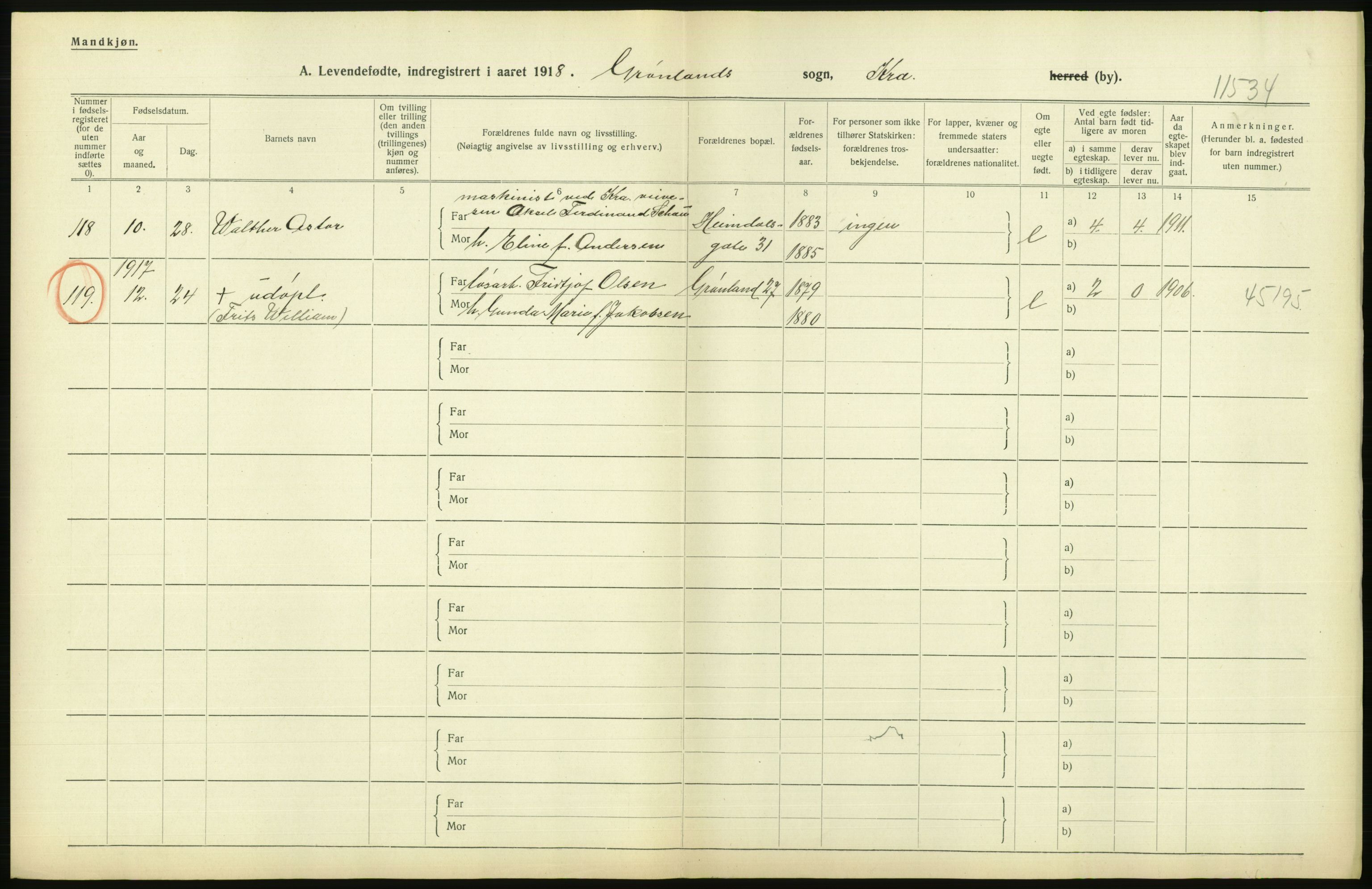 Statistisk sentralbyrå, Sosiodemografiske emner, Befolkning, AV/RA-S-2228/D/Df/Dfb/Dfbh/L0008: Kristiania: Levendefødte menn og kvinner., 1918, p. 780