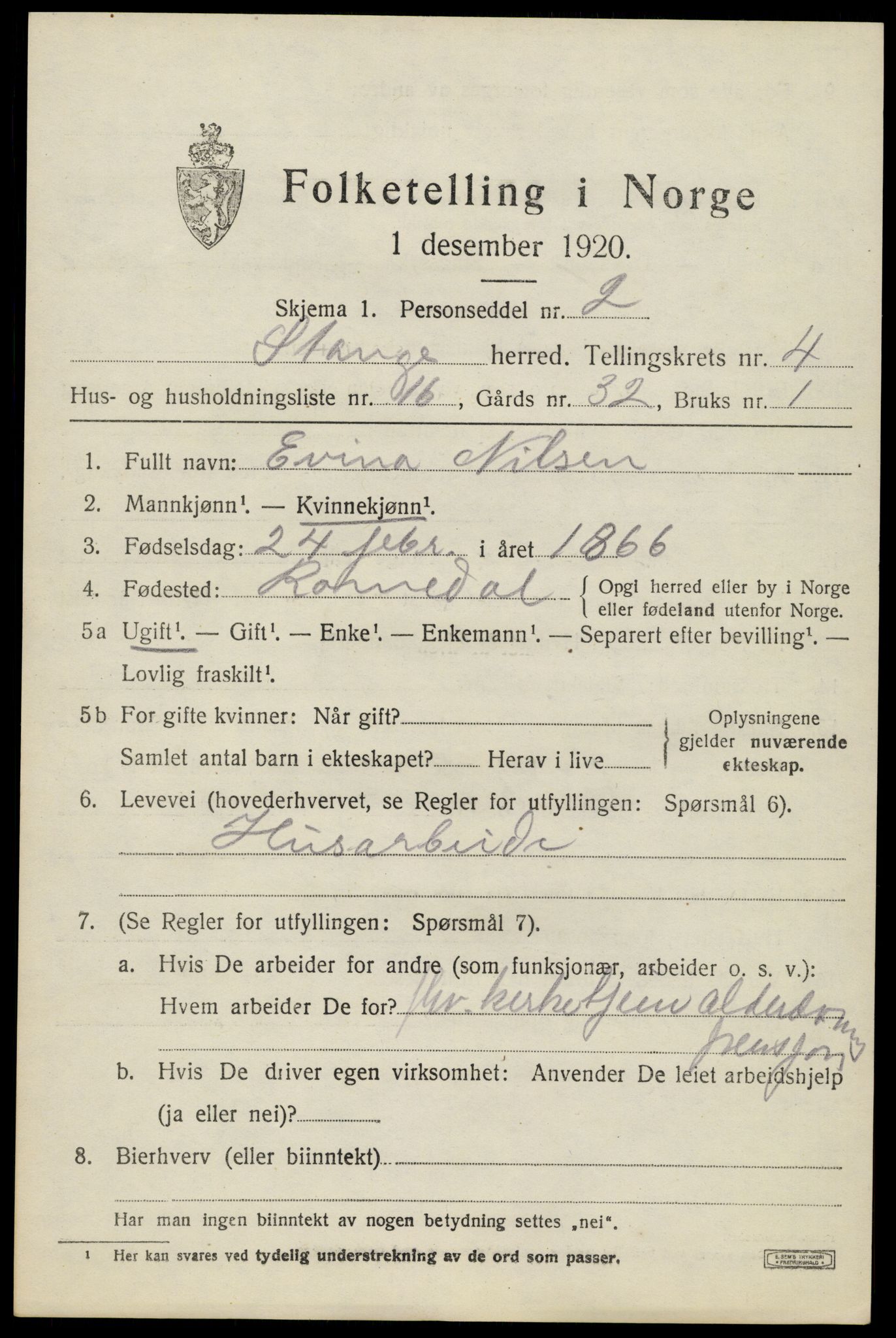 SAH, 1920 census for Stange, 1920, p. 6809