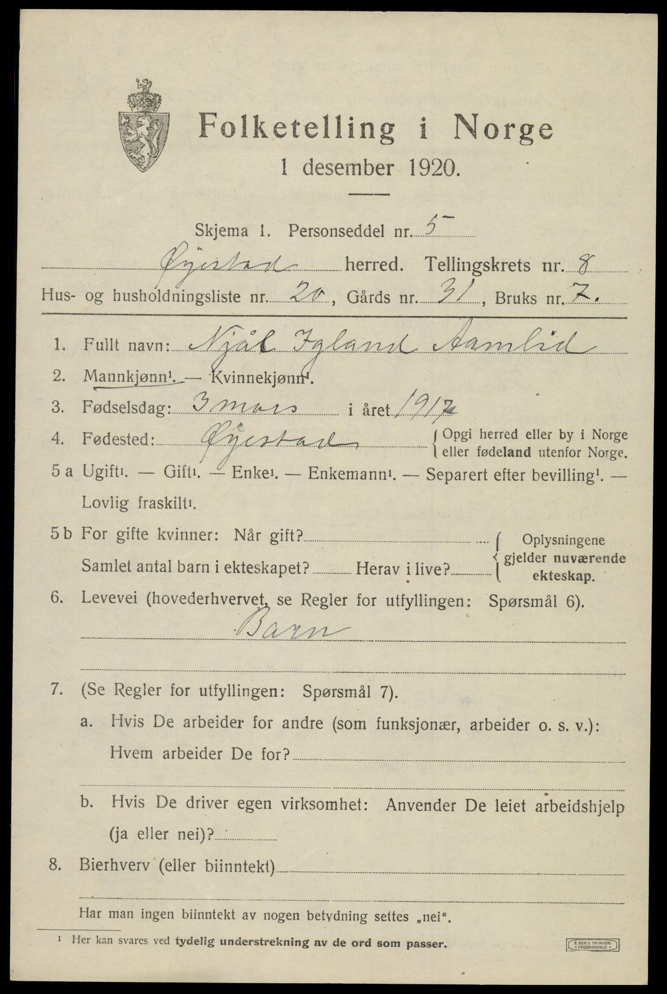 SAK, 1920 census for Øyestad, 1920, p. 5406