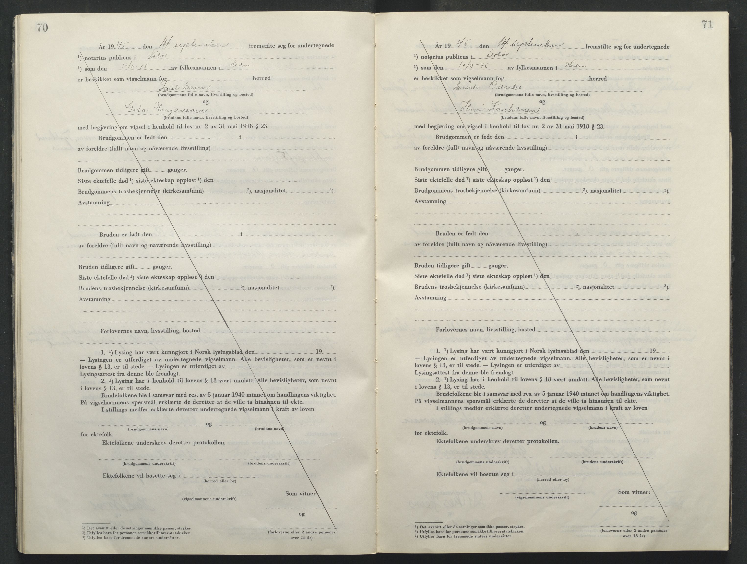Solør tingrett, AV/SAH-TING-008/L/Lb/L0003/0001: Vigselprotokoll / Vigselprotokoll, 1944-1961, p. 70-71