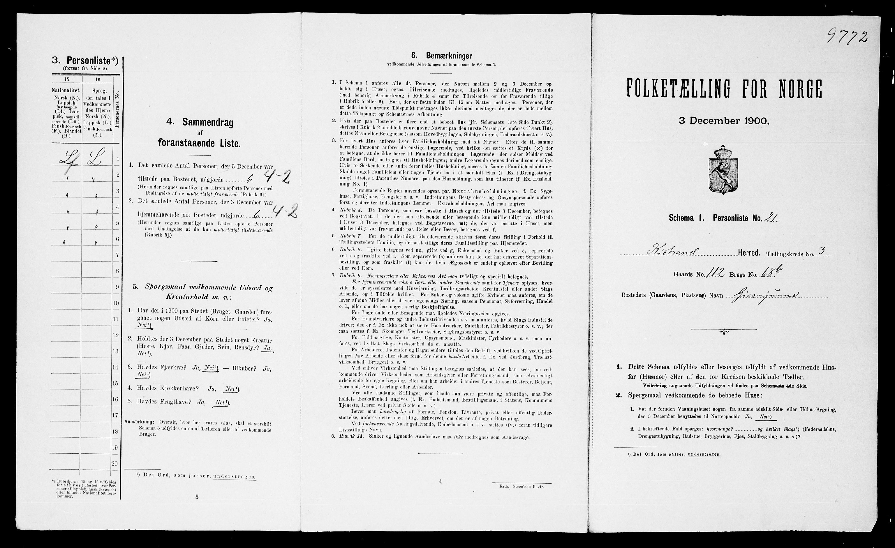 SATØ, 1900 census for Kistrand, 1900, p. 240