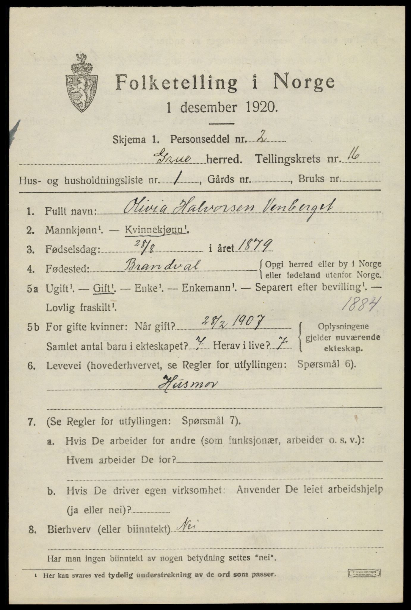 SAH, 1920 census for Grue, 1920, p. 13481