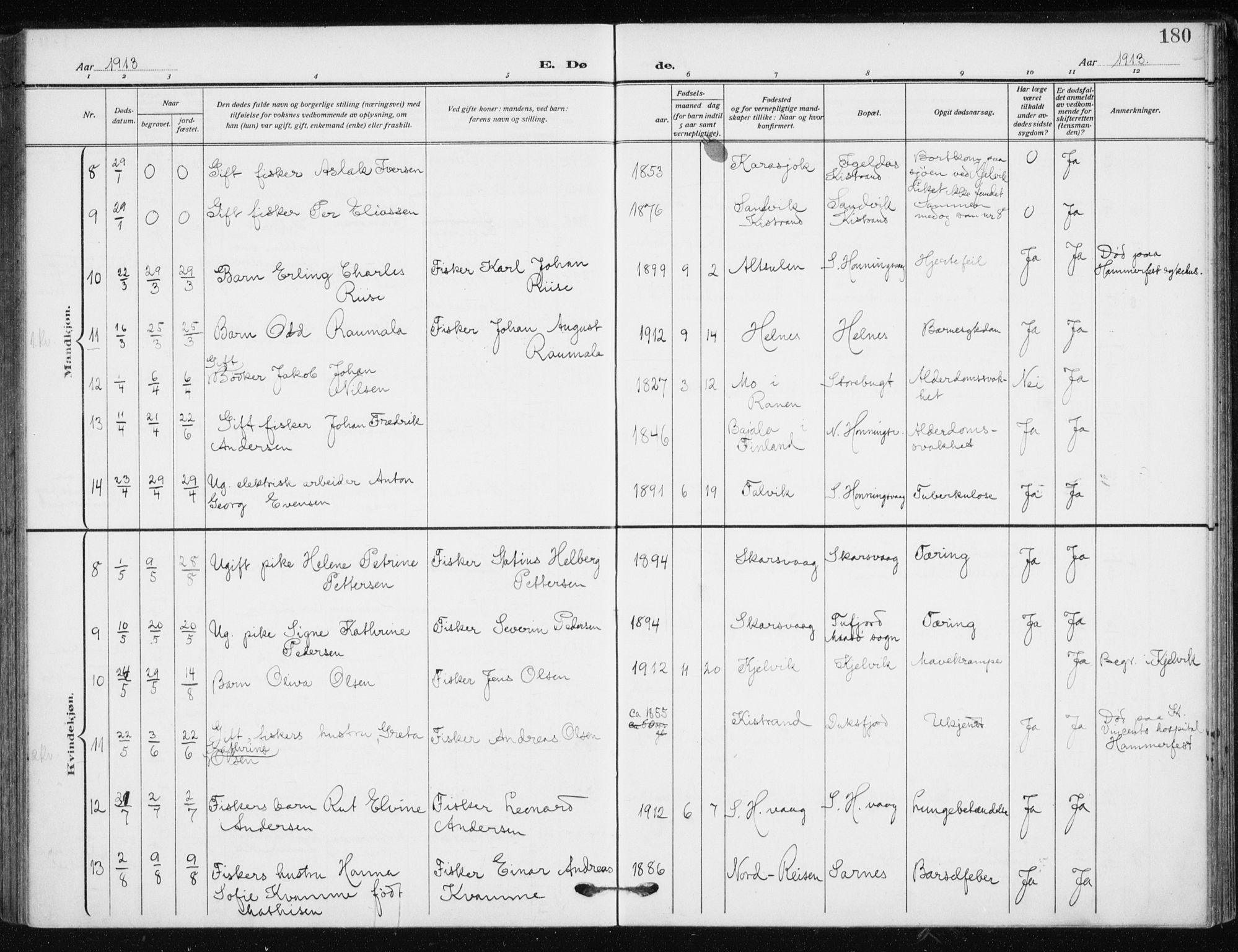 Kjelvik/Nordkapp sokneprestkontor, SATØ/S-1350/H/Ha/L0001kirke: Parish register (official) no. 1, 1911-1919, p. 180
