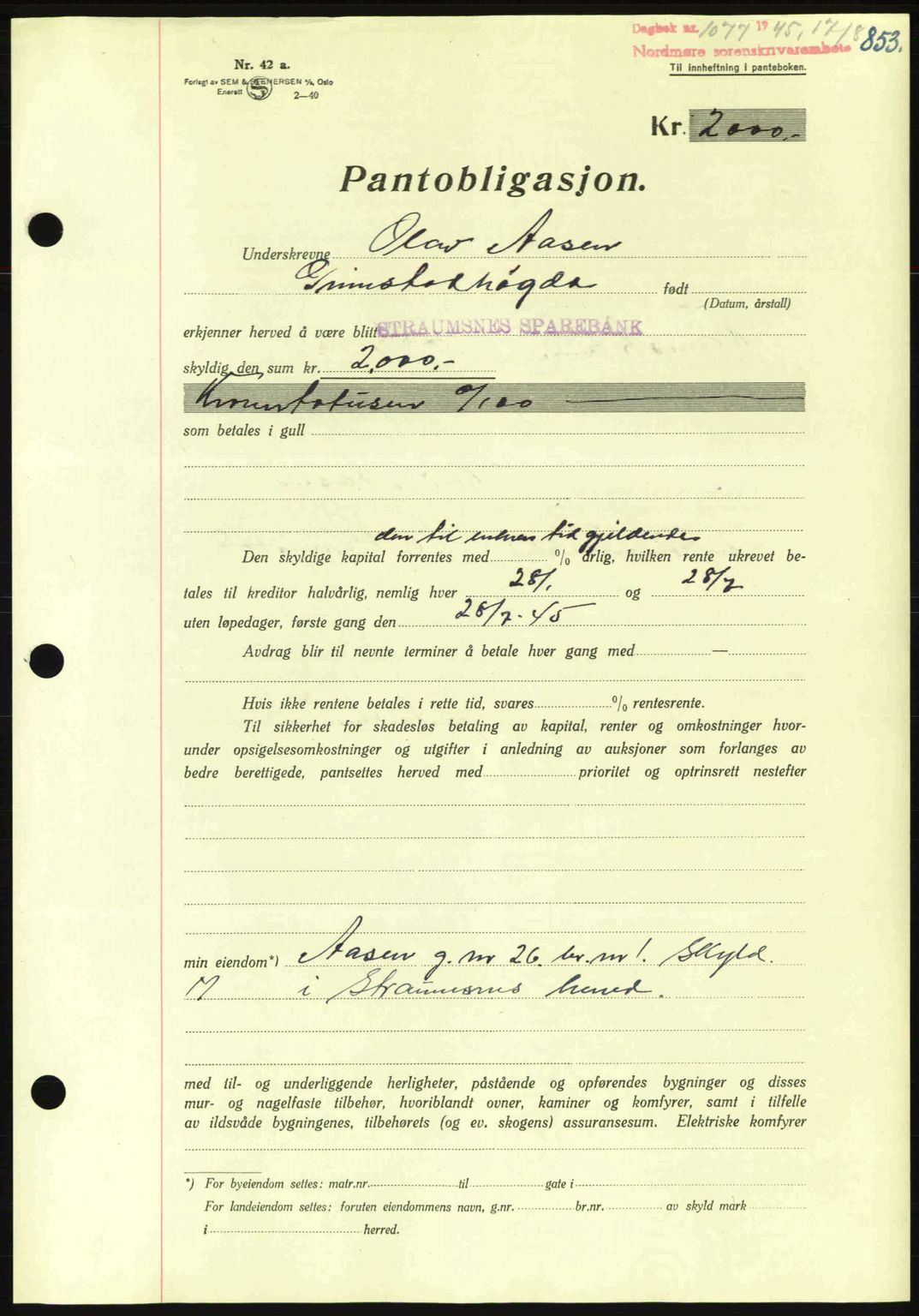 Nordmøre sorenskriveri, AV/SAT-A-4132/1/2/2Ca: Mortgage book no. B92, 1944-1945, Diary no: : 1077/1945