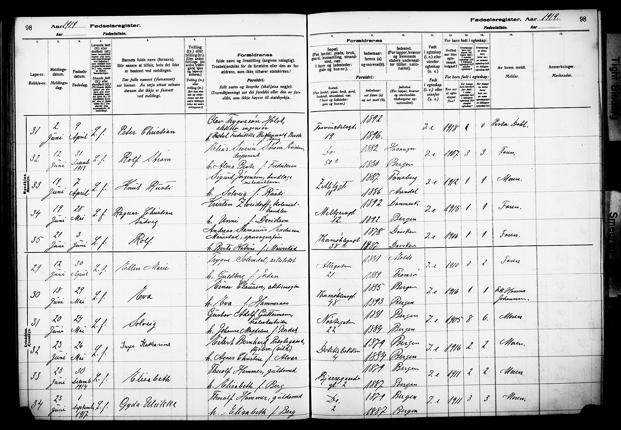 Johanneskirken sokneprestembete, AV/SAB-A-76001/I/Id/L00A1: Birth register no. A 1, 1916-1924, p. 98