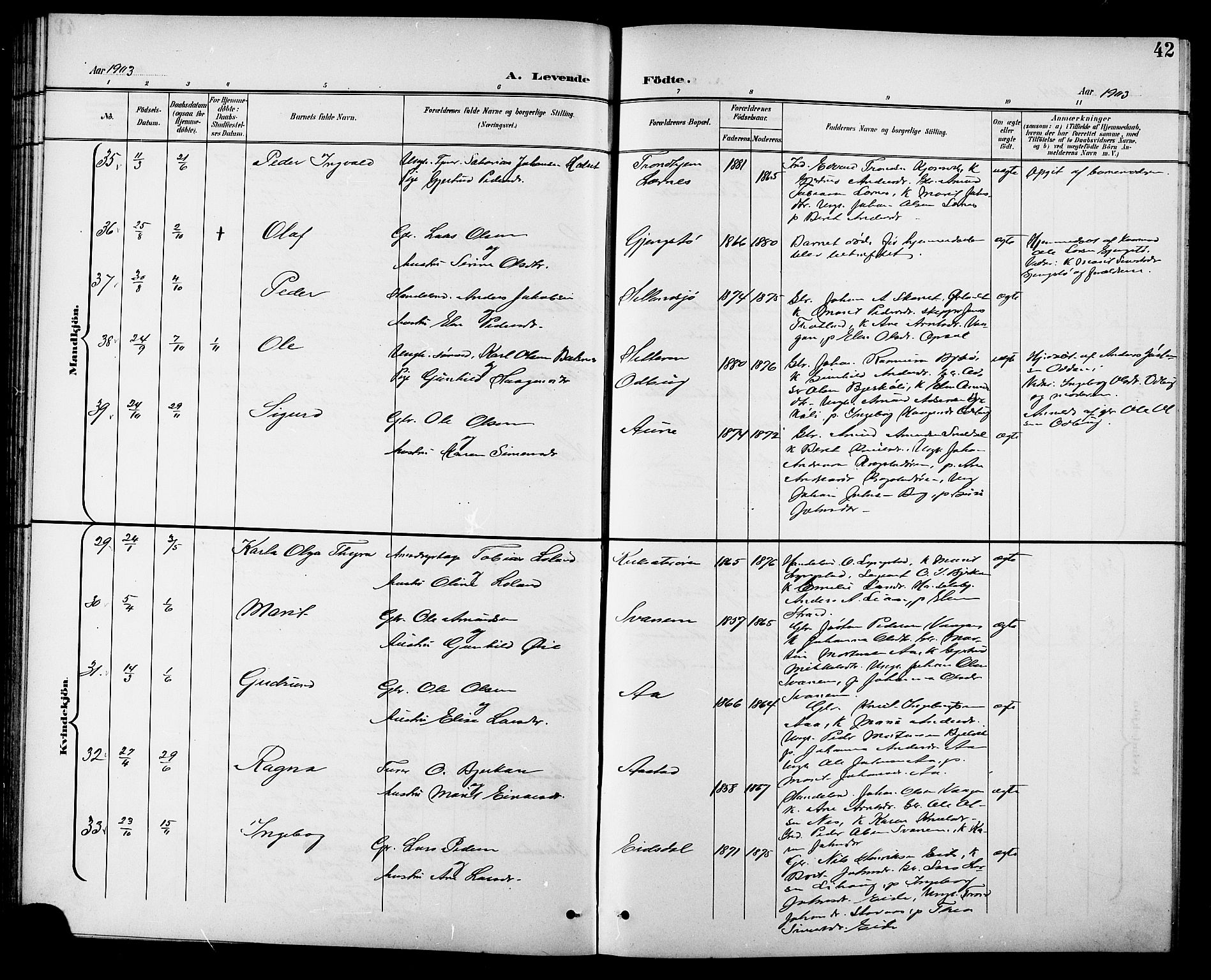 Ministerialprotokoller, klokkerbøker og fødselsregistre - Sør-Trøndelag, SAT/A-1456/630/L0505: Parish register (copy) no. 630C03, 1899-1914, p. 42