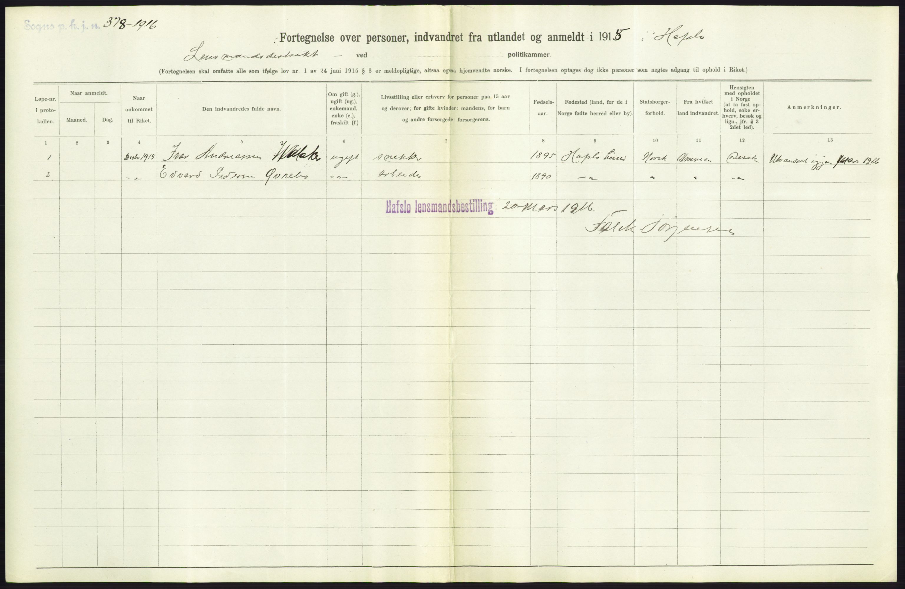 Statistisk sentralbyrå, Sosioøkonomiske emner, Folketellinger, boliger og boforhold, AV/RA-S-2231/F/Fa/L0001: Innvandring. Navn/fylkesvis, 1915, p. 444