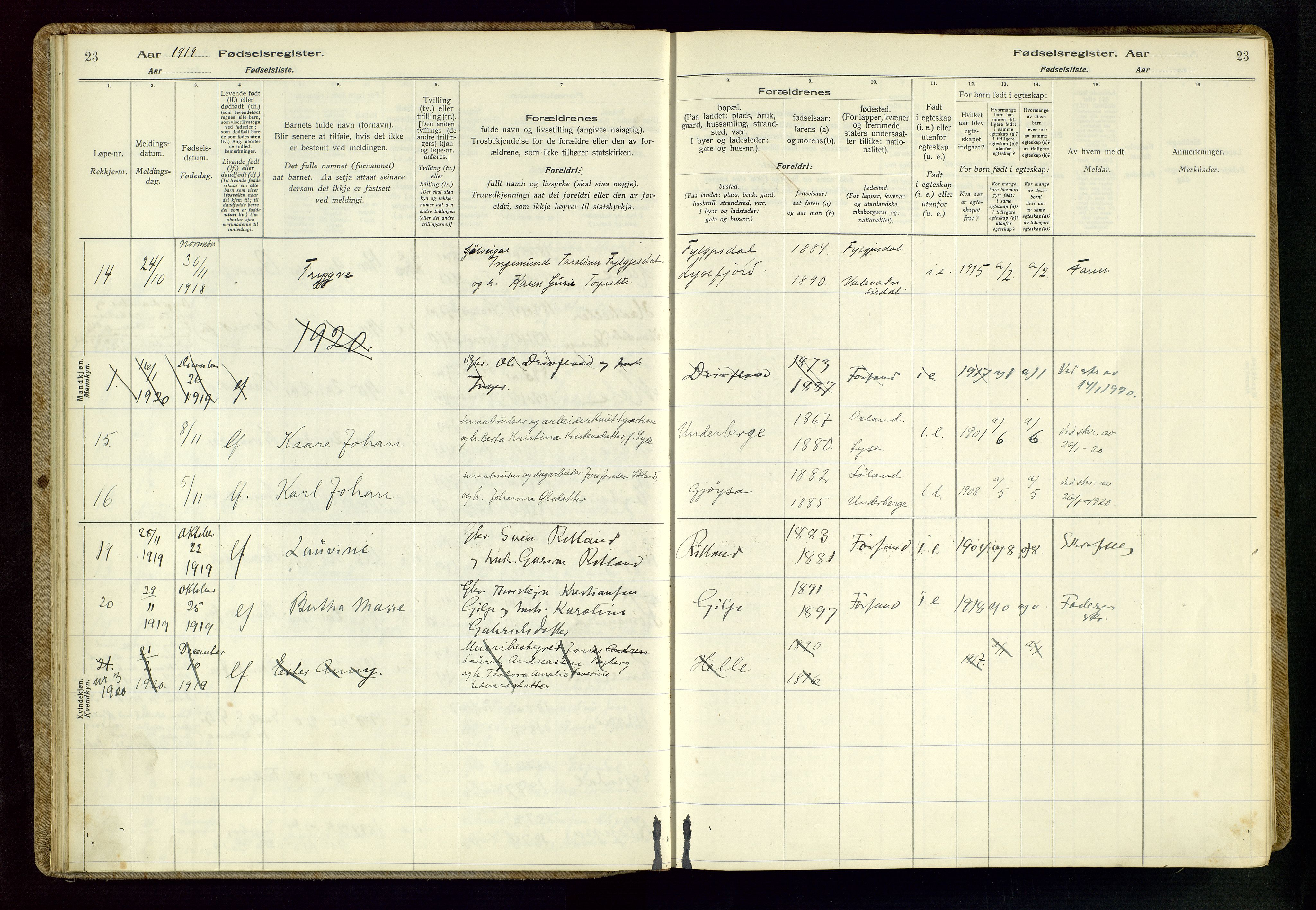 Høgsfjord sokneprestkontor, AV/SAST-A-101624/I/Id/L0002: Birth register no. 2, 1916-1959, p. 23