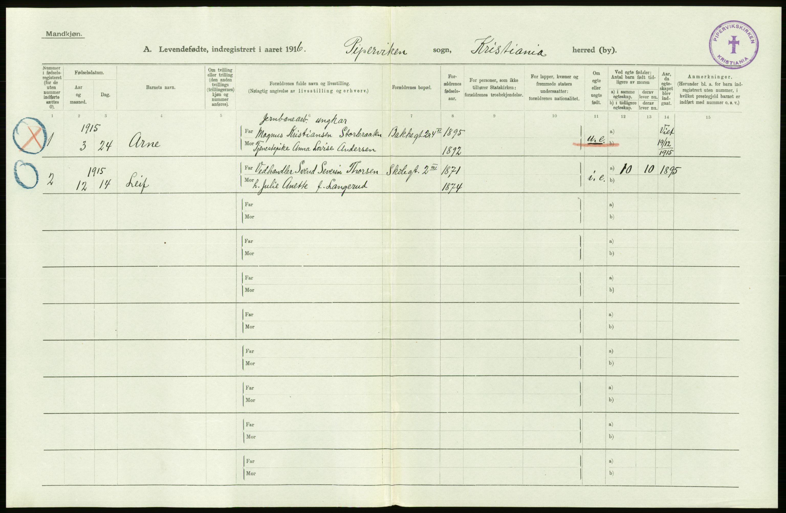 Statistisk sentralbyrå, Sosiodemografiske emner, Befolkning, AV/RA-S-2228/D/Df/Dfb/Dfbf/L0007: Kristiania: Levendefødte menn og kvinner., 1916, p. 484