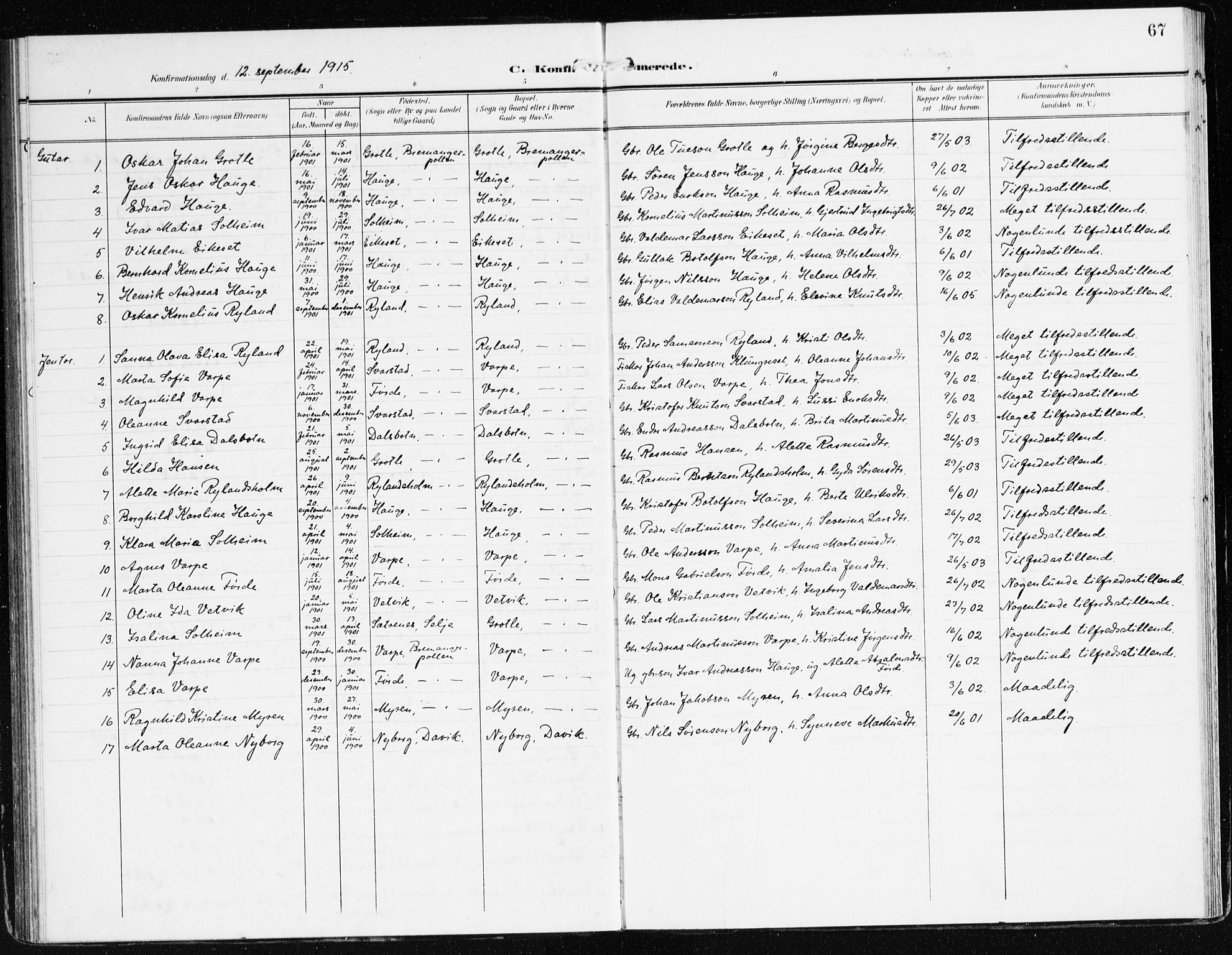 Bremanger sokneprestembete, SAB/A-82201/H/Haa/Haac/L0001: Parish register (official) no. C 1, 1908-1921, p. 67
