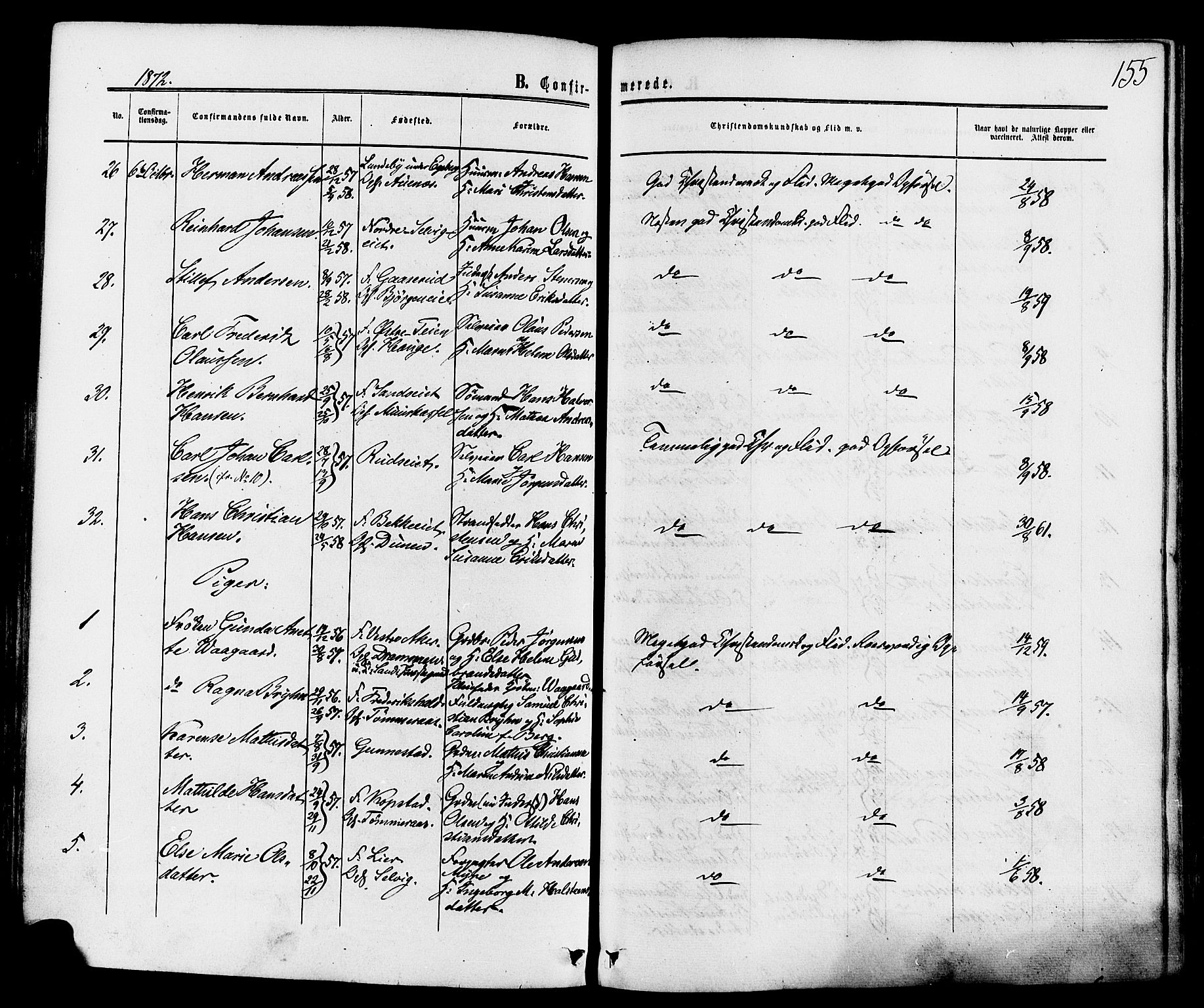 Sande Kirkebøker, AV/SAKO-A-53/F/Fa/L0005: Parish register (official) no. 5, 1865-1877, p. 155