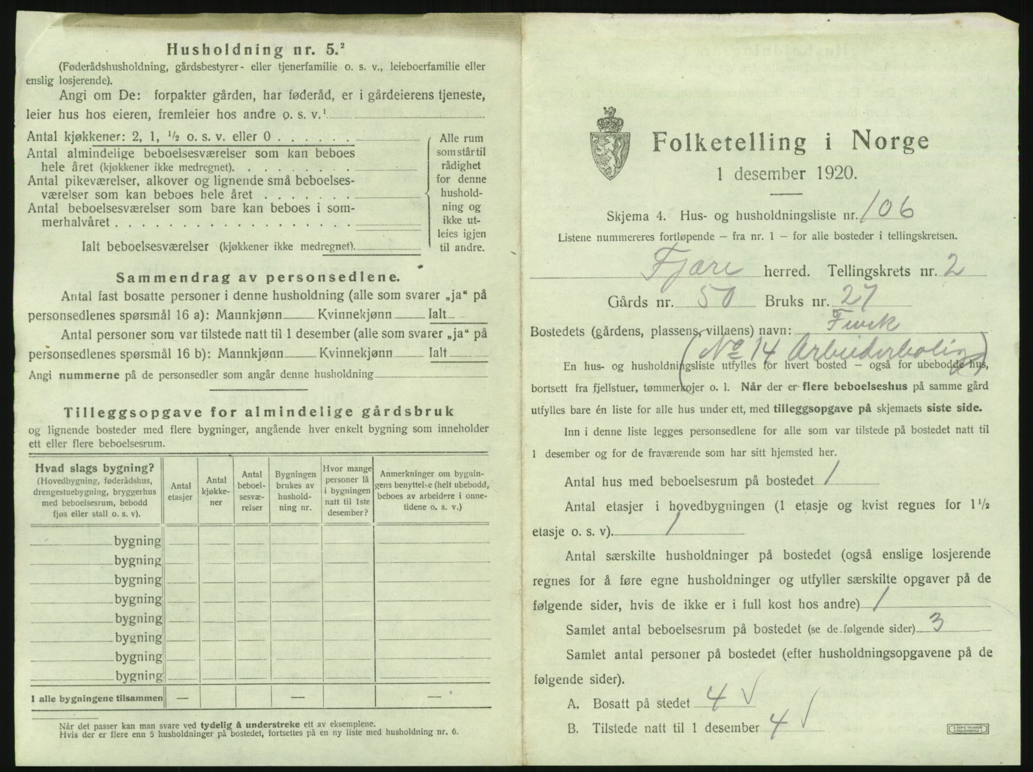 SAK, 1920 census for Fjære, 1920, p. 497