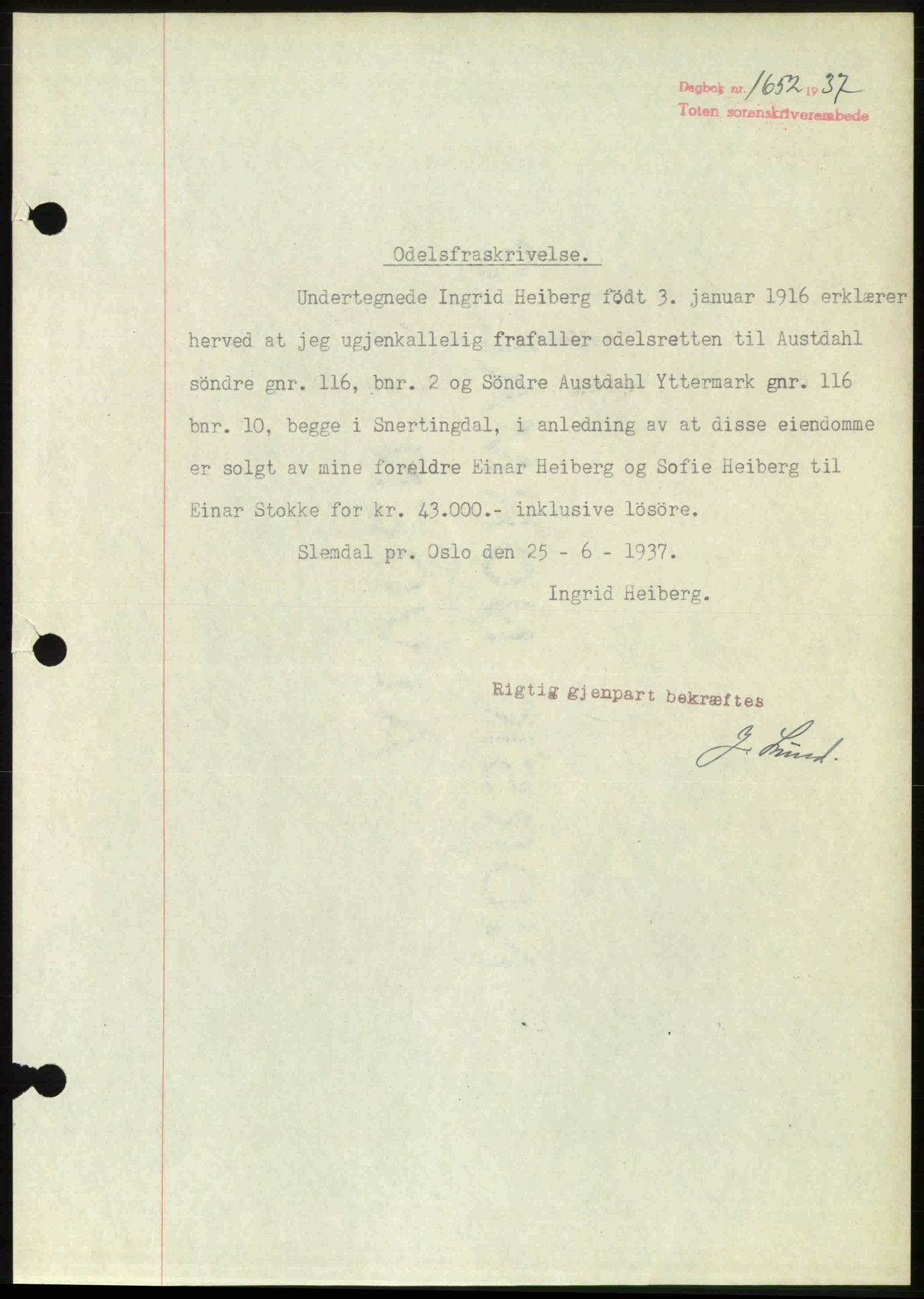 Toten tingrett, SAH/TING-006/H/Hb/Hbc/L0003: Mortgage book no. Hbc-03, 1937-1938, Diary no: : 1652/1937