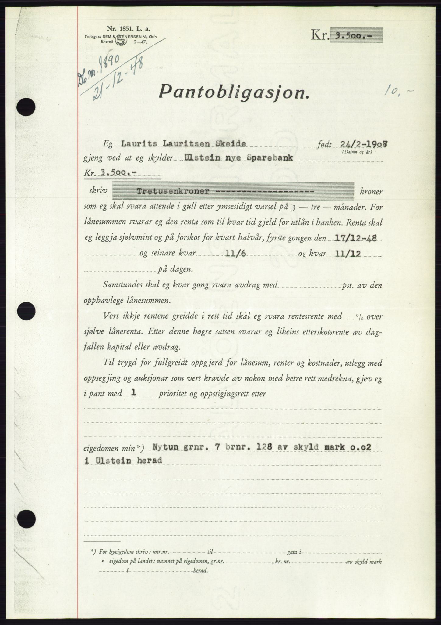 Søre Sunnmøre sorenskriveri, AV/SAT-A-4122/1/2/2C/L0116: Mortgage book no. 4B, 1948-1949, Diary no: : 1890/1948