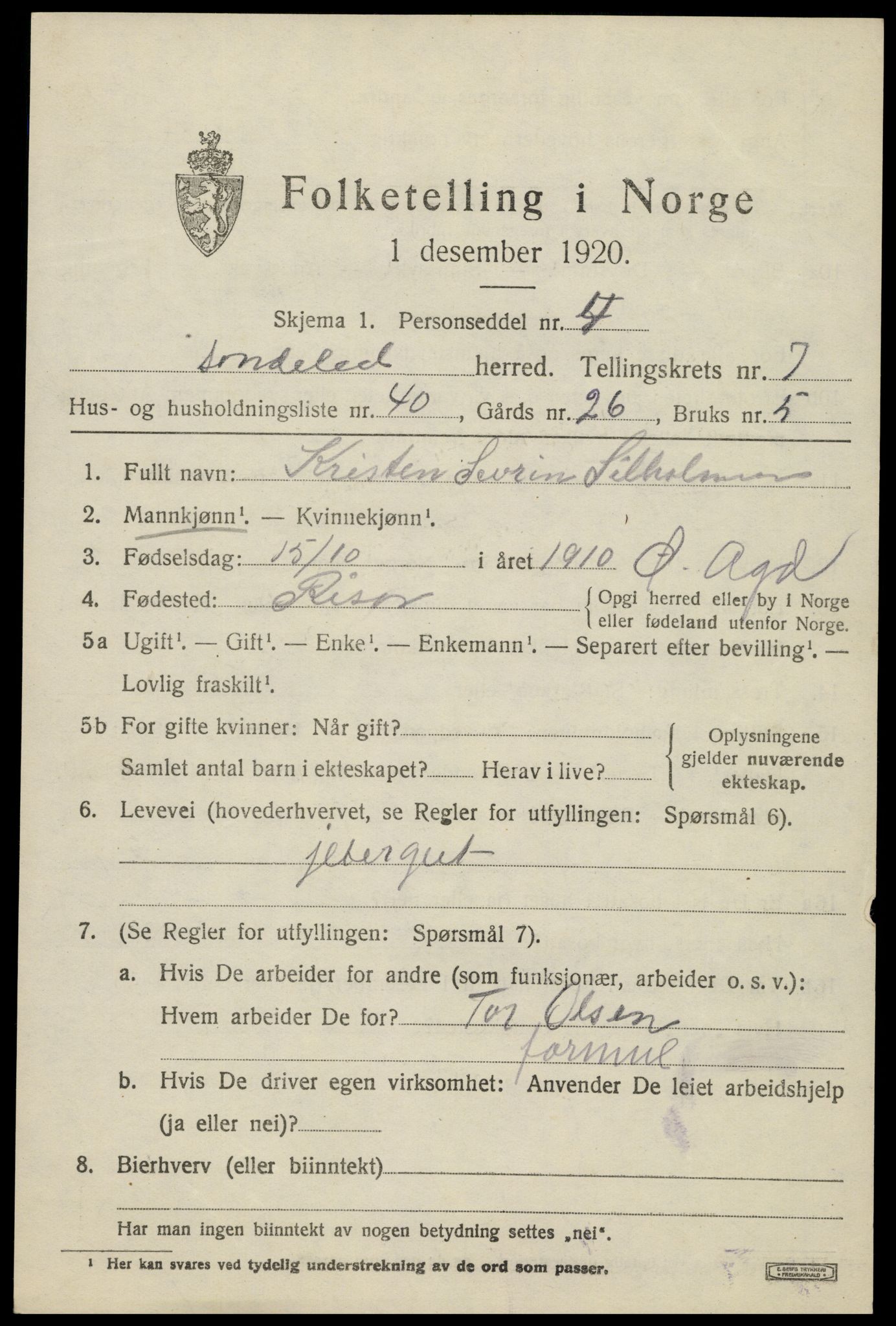 SAK, 1920 census for Søndeled, 1920, p. 4313
