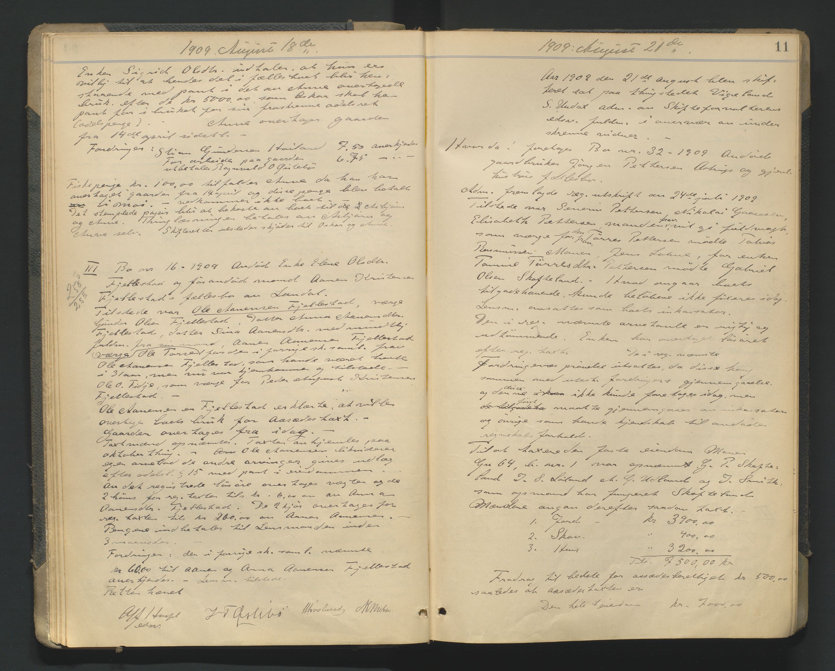 Mandal sorenskriveri, AV/SAK-1221-0005/001/H/Hc/L0081: Skifteforhandlingsprotokoll nr 13, 1909-1913, p. 11