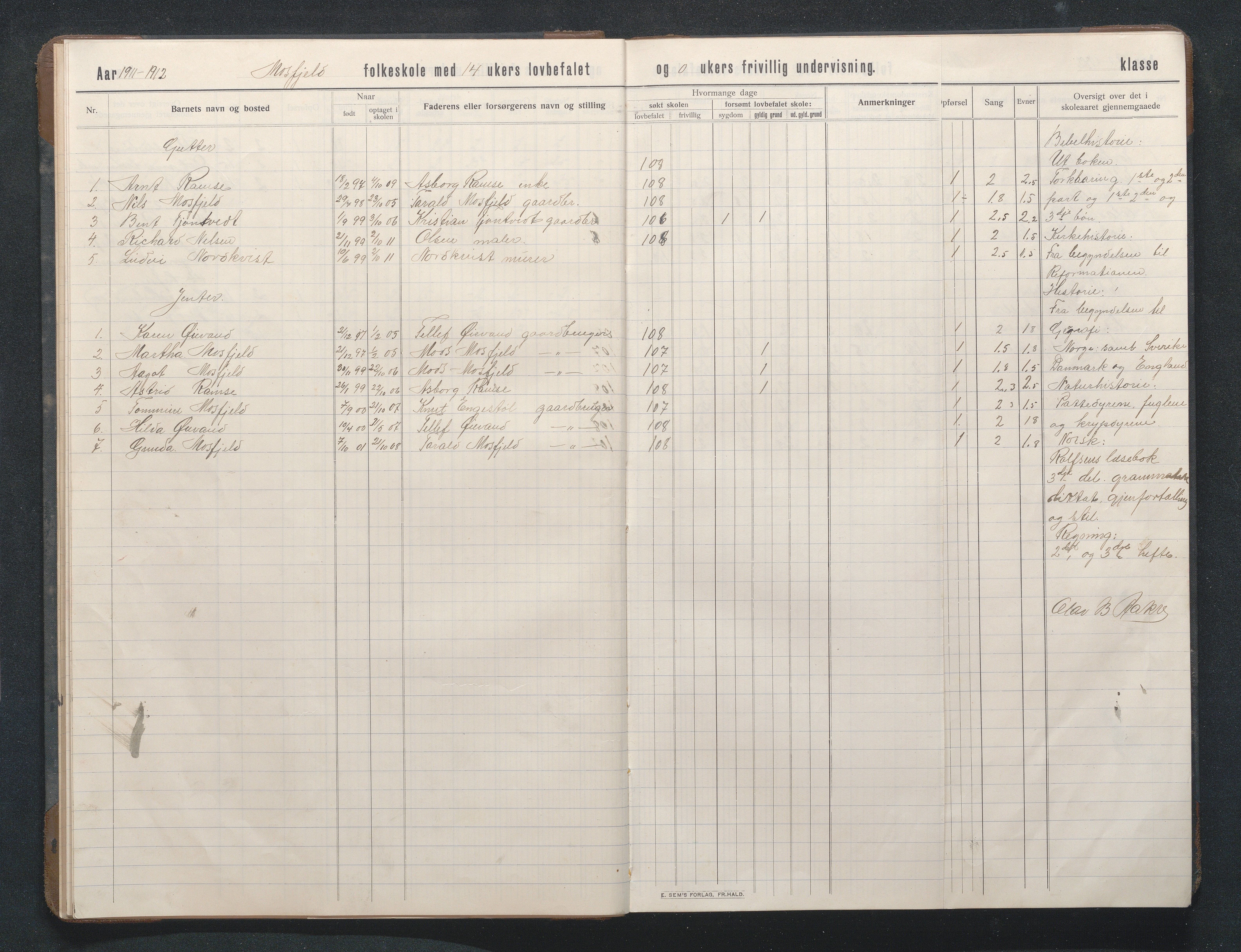 Birkenes kommune, Mosfjell skolekrets, AAKS/KA0928-550f_91/F02/L0002: Skoleprotokoll, 1909-1951