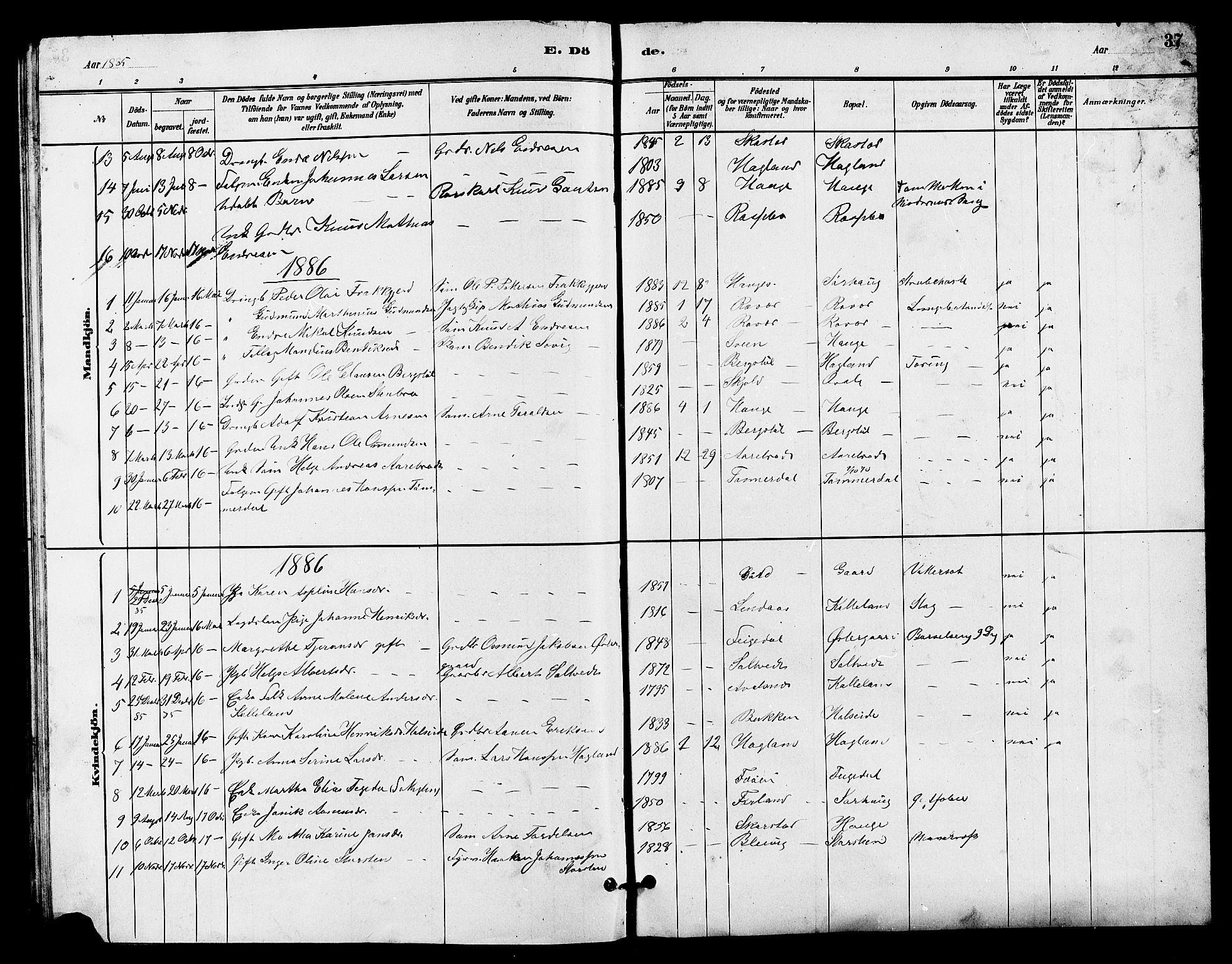 Haugesund sokneprestkontor, SAST/A -101863/H/Ha/Hab/L0003: Parish register (copy) no. B 3, 1882-1889, p. 37