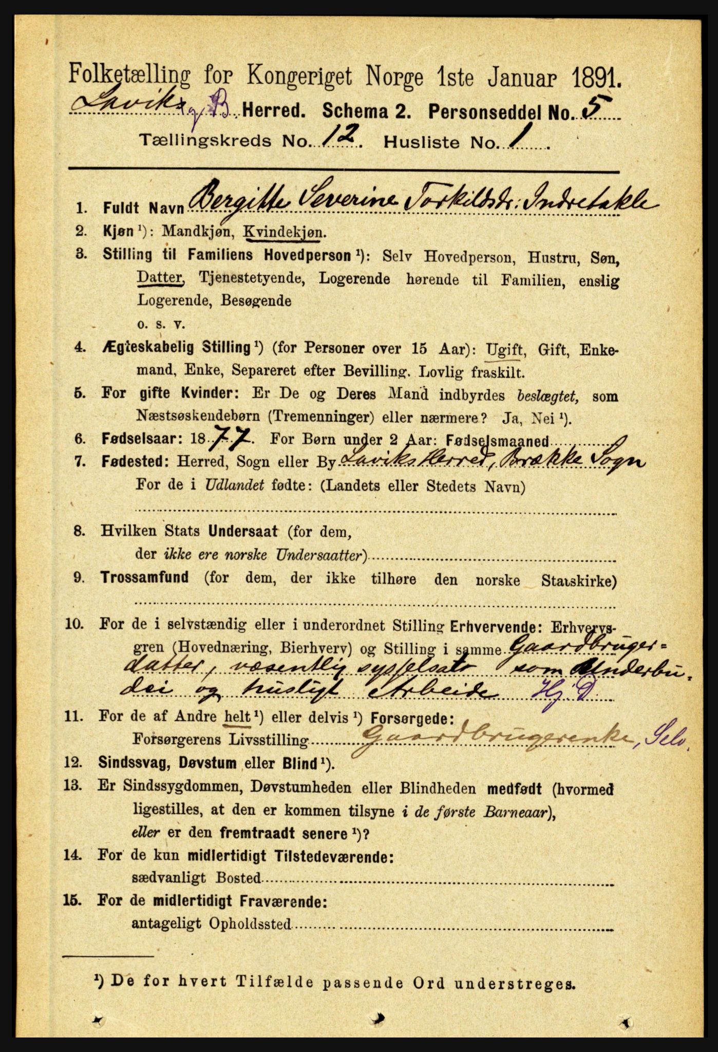 RA, 1891 census for 1415 Lavik og Brekke, 1891, p. 2354