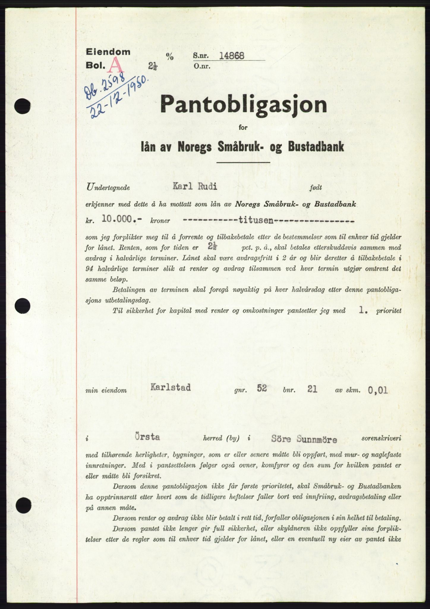 Søre Sunnmøre sorenskriveri, AV/SAT-A-4122/1/2/2C/L0119: Mortgage book no. 7B, 1950-1951, Diary no: : 2598/1950