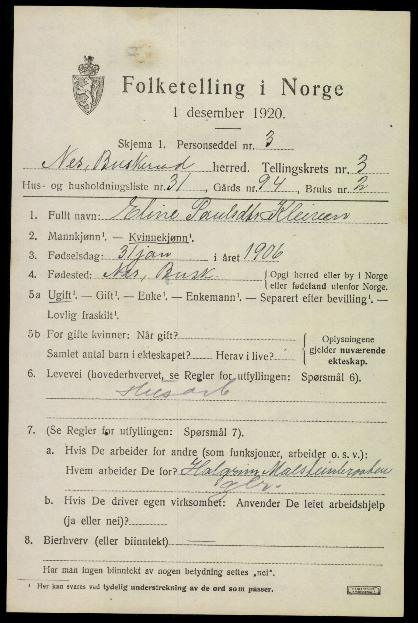 SAKO, 1920 census for Nes (Buskerud), 1920, p. 1922