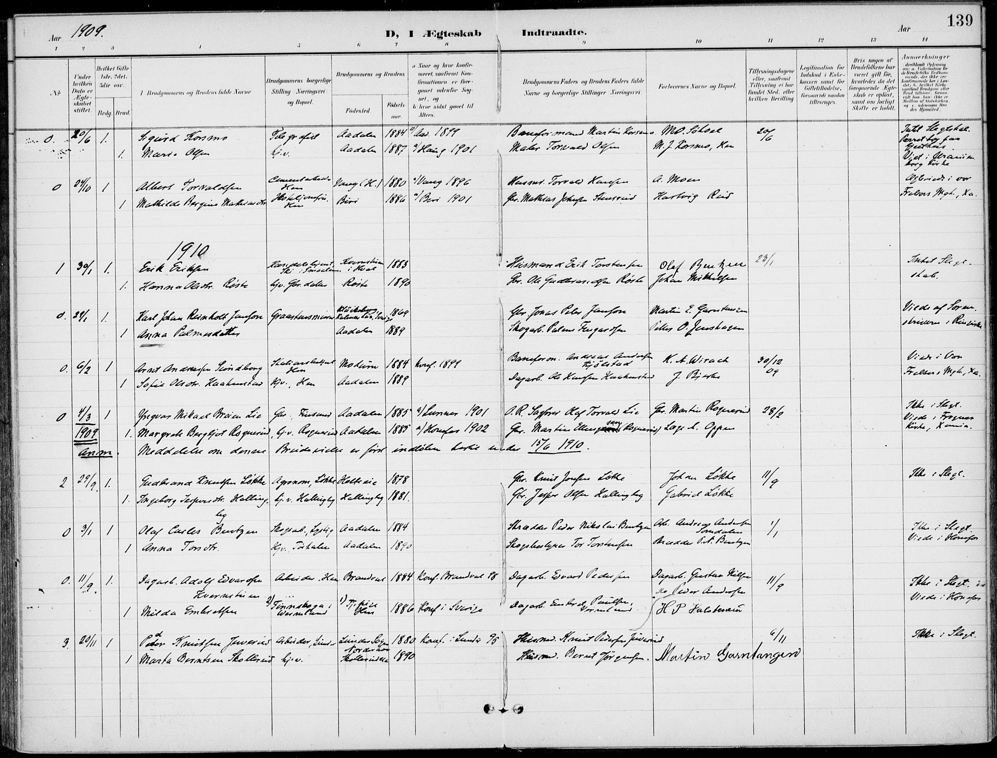 Ådal kirkebøker, AV/SAKO-A-248/F/Fb/L0002: Parish register (official) no. II 2, 1898-1917, p. 139