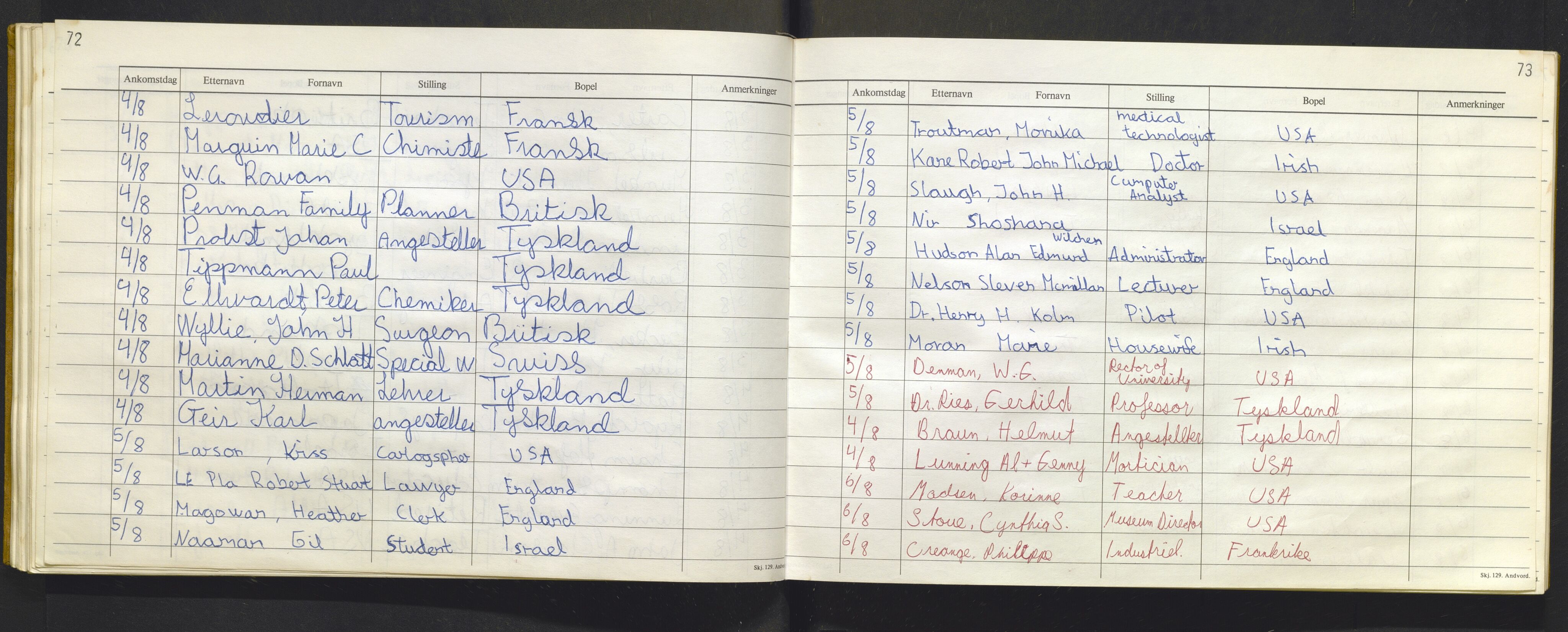 Bergen politikammer / politidistrikt, AV/SAB-A-60401/J.f/L0009: Fremmedbok for Fantoft sommerhotell, 1984-1985, p. 72-73