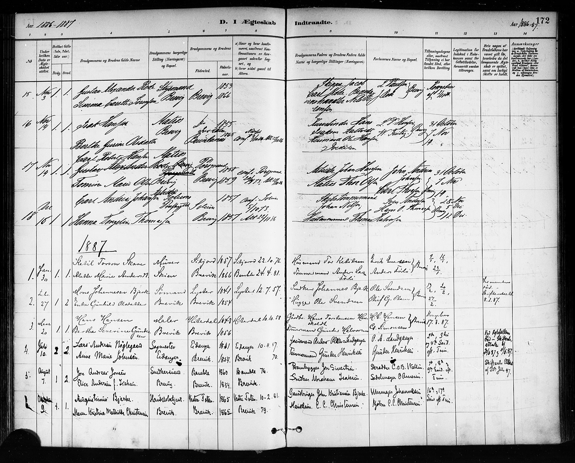 Brevik kirkebøker, SAKO/A-255/F/Fa/L0007: Parish register (official) no. 7, 1882-1900, p. 172