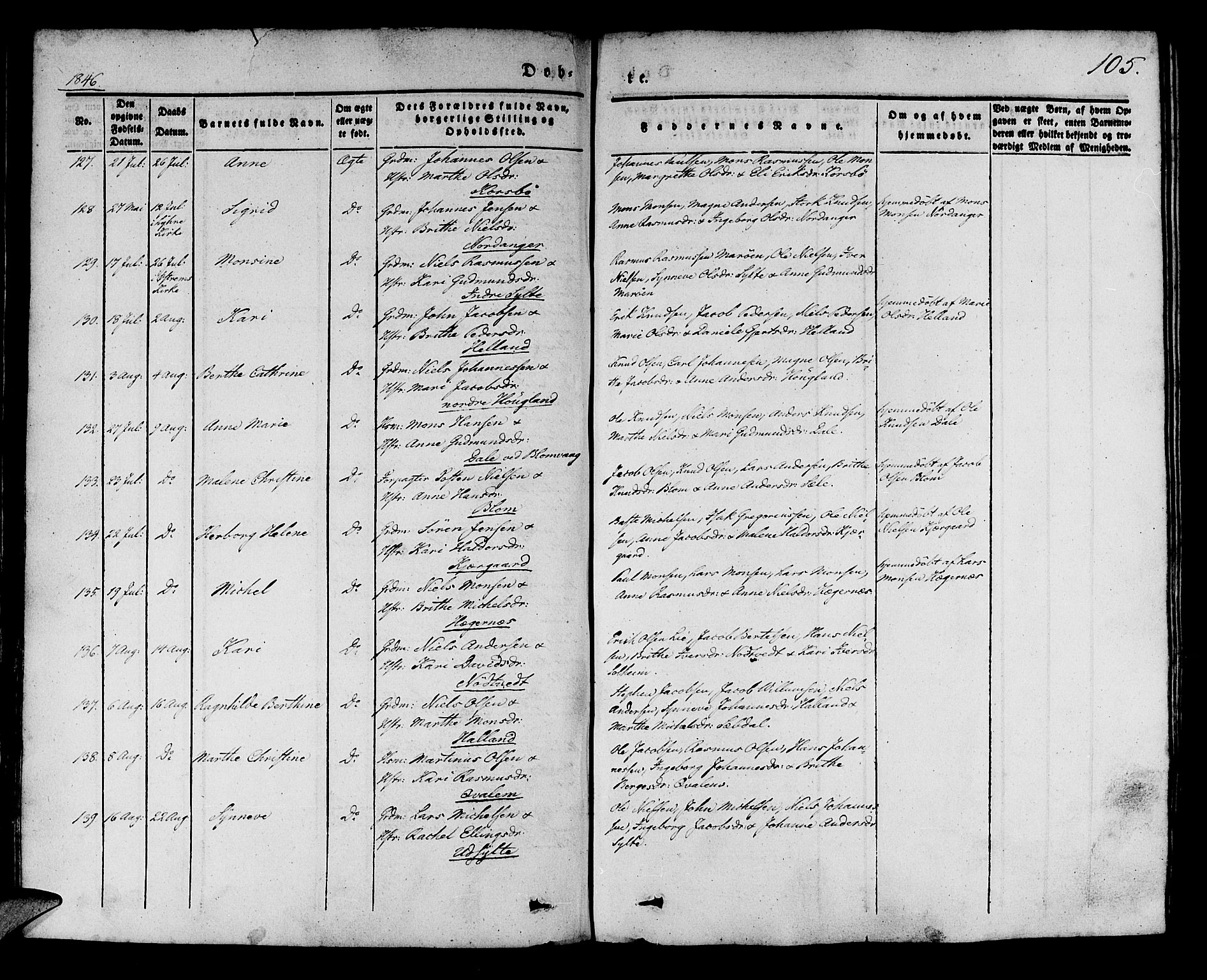 Manger sokneprestembete, AV/SAB-A-76801/H/Haa: Parish register (official) no. A 5, 1839-1848, p. 105