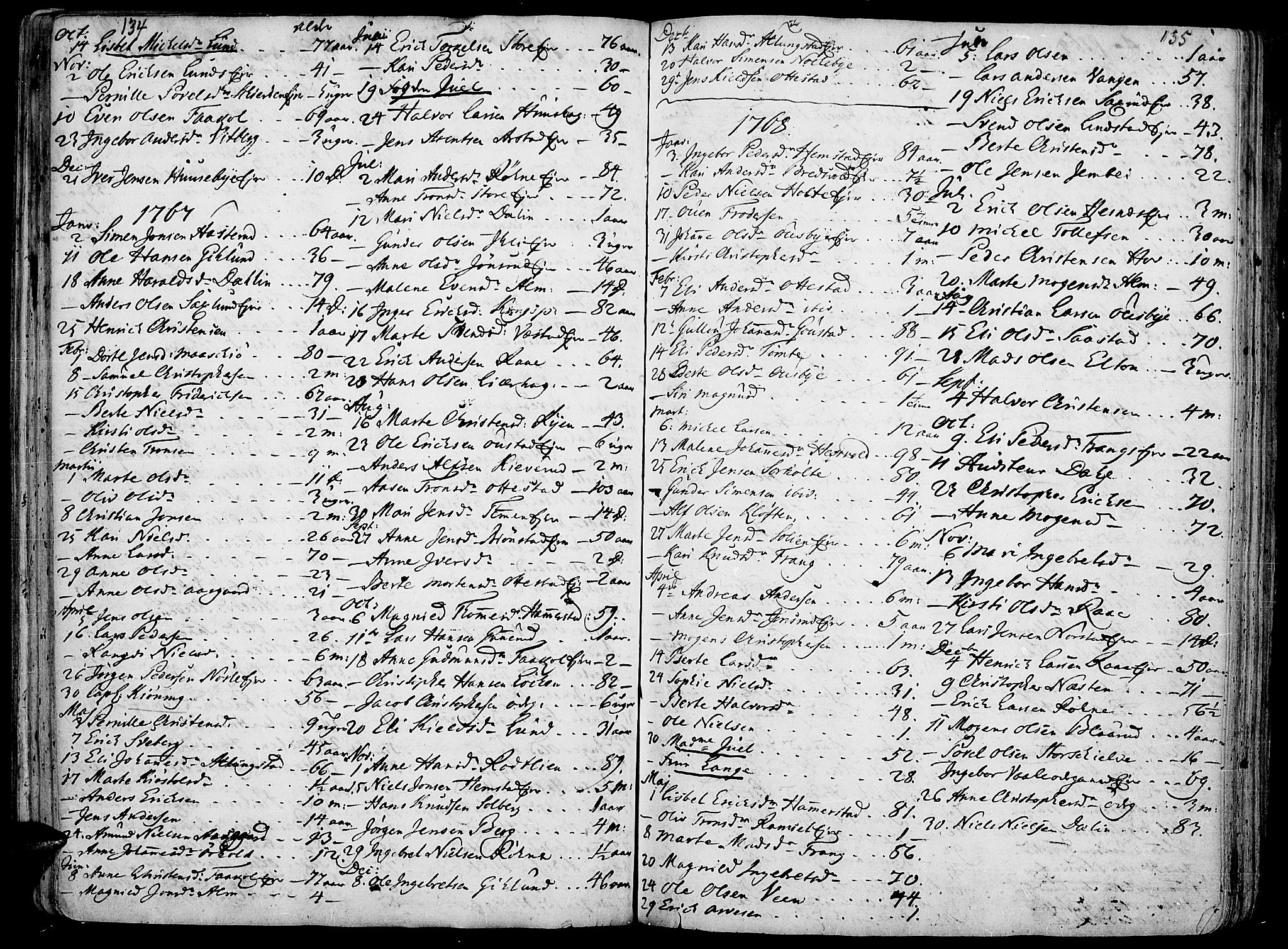 Stange prestekontor, SAH/PREST-002/K/L0006: Parish register (official) no. 6, 1762-1787, p. 134-135