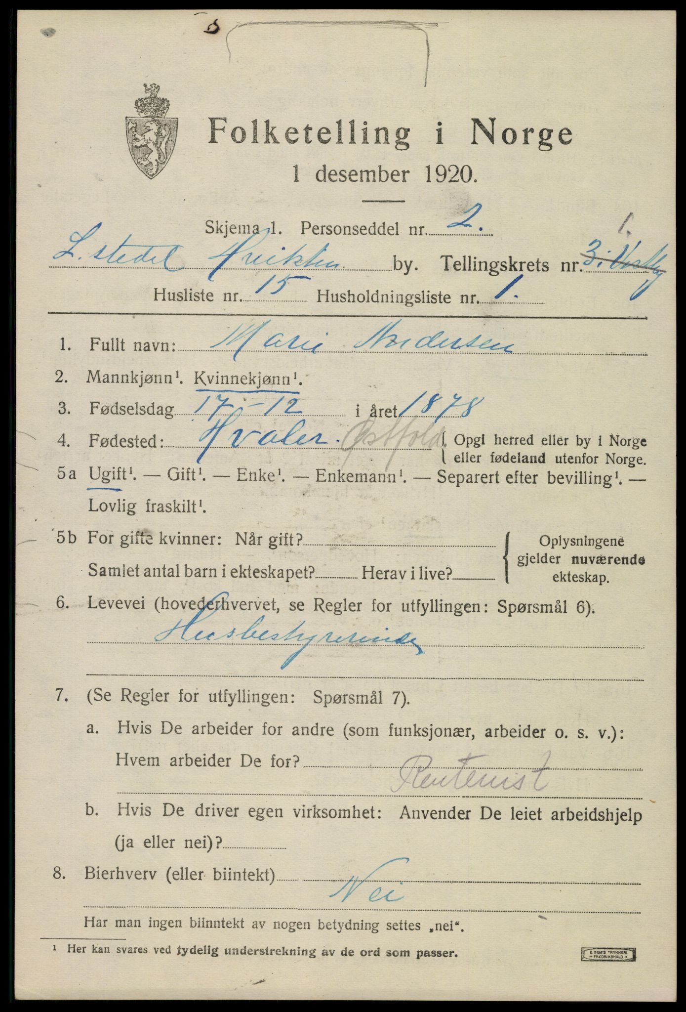 SAO, 1920 census for Hvitsten, 1920, p. 256