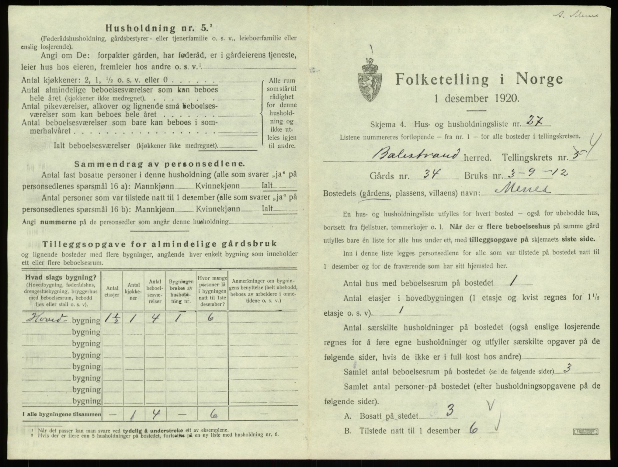 SAB, 1920 census for Balestrand, 1920, p. 334