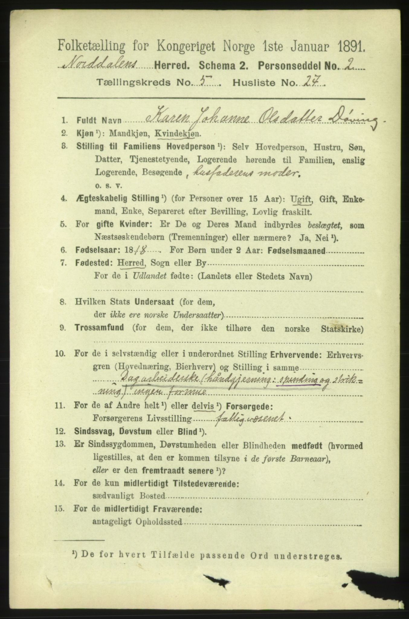 RA, 1891 census for 1524 Norddal, 1891, p. 1142